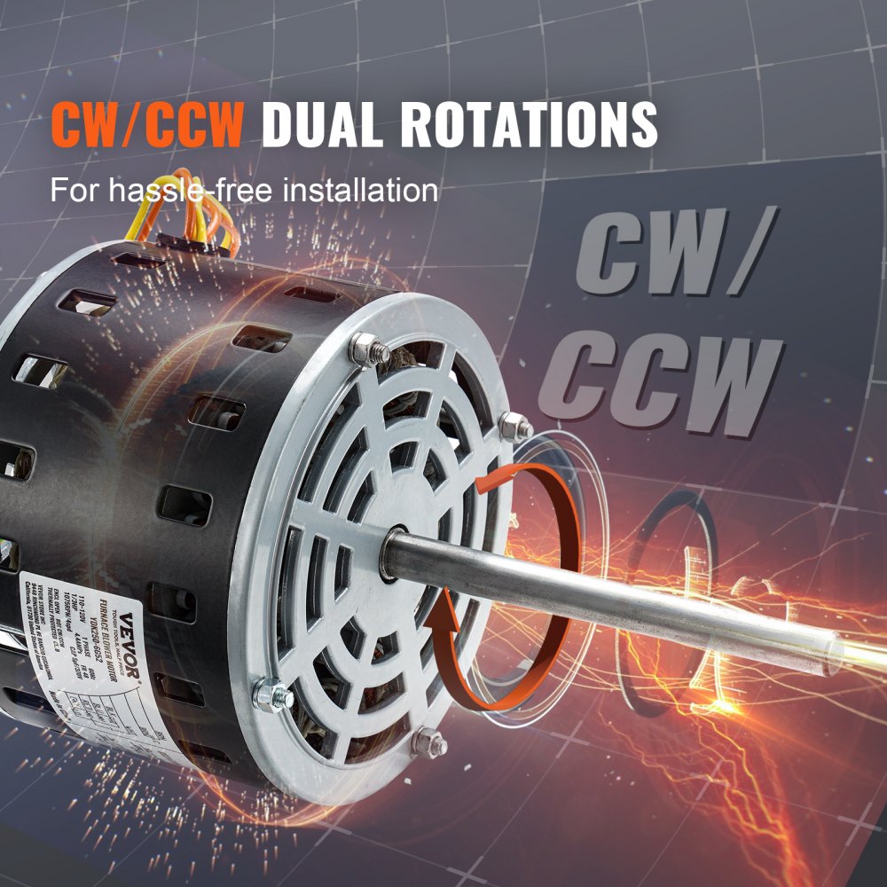 VEVOR 1/3HP Furnace Blower Motor, 110/120V 4.4Amps, 1075RPM 4 Speeds, CW/CCW Rotation, 48 Frame 5.2" Shaft Length, 5?F/370V Capacitor + 11" Hold Hoop 