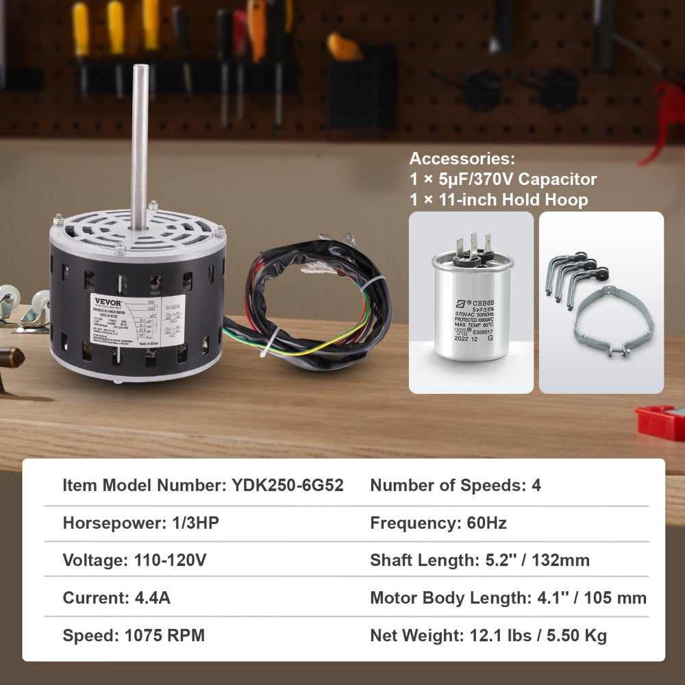 VEVOR 1/3HP Furnace Blower Motor, 110/120V 4.4Amps, 1075RPM 4 Speeds, CW/CCW Rotation, 48 Frame 5.2" Shaft Length, 5?F/370V Capacitor + 11" Hold Hoop 