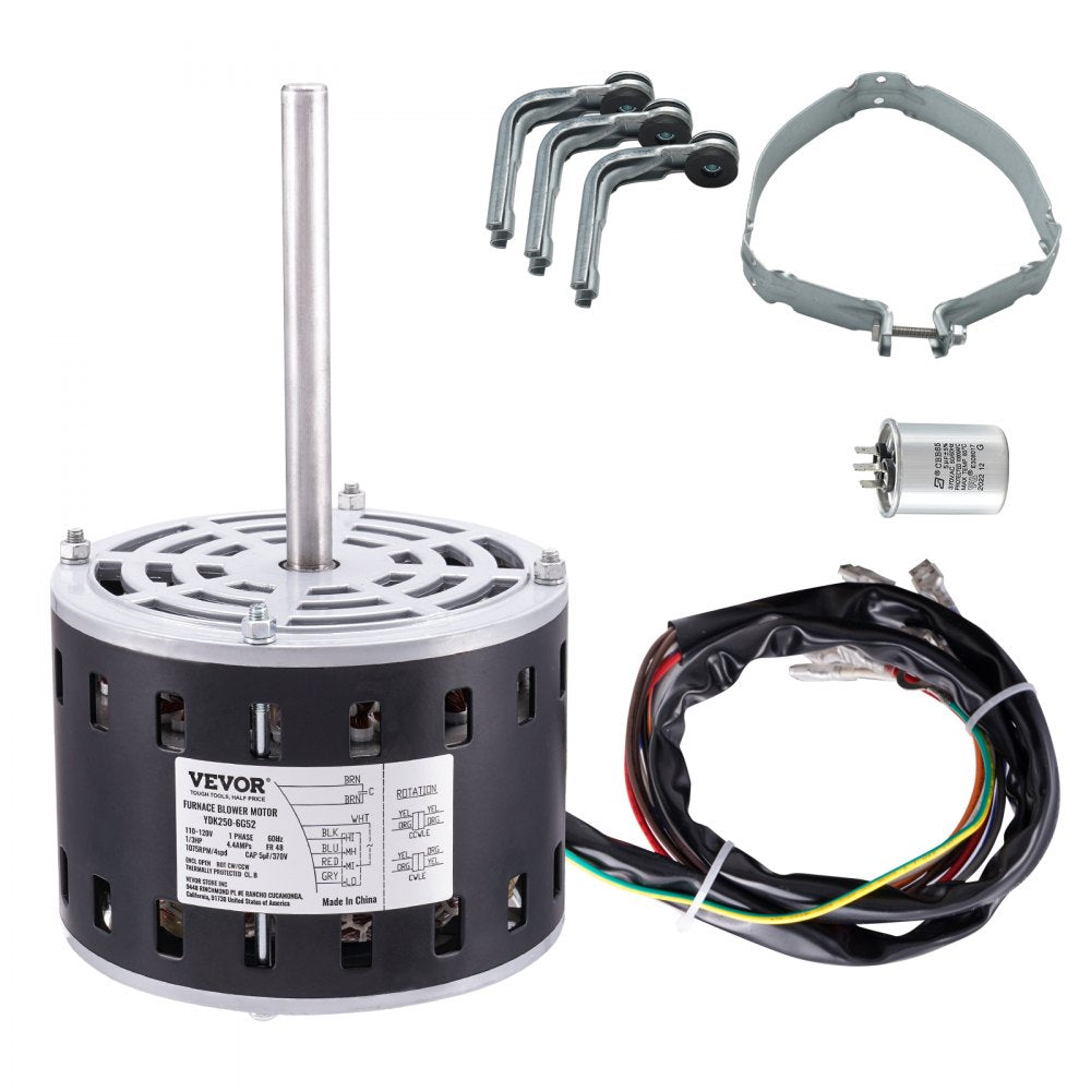 VEVOR 1/3HP Furnace Blower Motor, 110/120V 4.4Amps, 1075RPM 4 Speeds, CW/CCW Rotation, 48 Frame 5.2" Shaft Length, 5?F/370V Capacitor + 11" Hold Hoop 