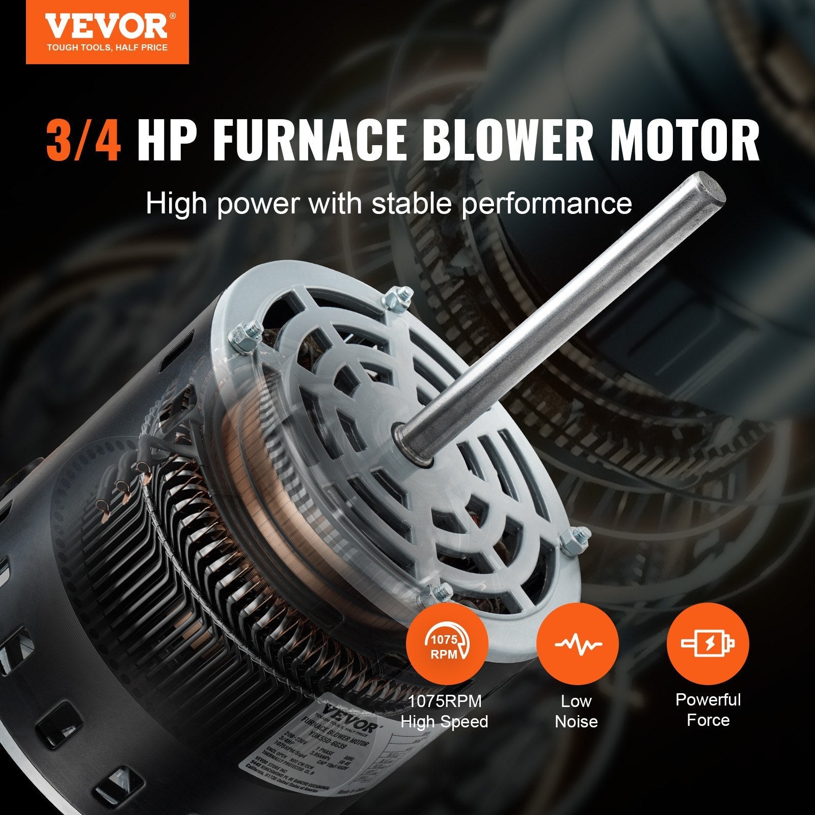 VEVOR 3/4HP Furnace Blower Motor, 208/230V 3.85Amps, 1075RPM 5 Speeds, CW/CCW Rotation, 48 Frame 4.8" Shaft Length, 10?F/450V Capacitor + 11" Hold Hoop 