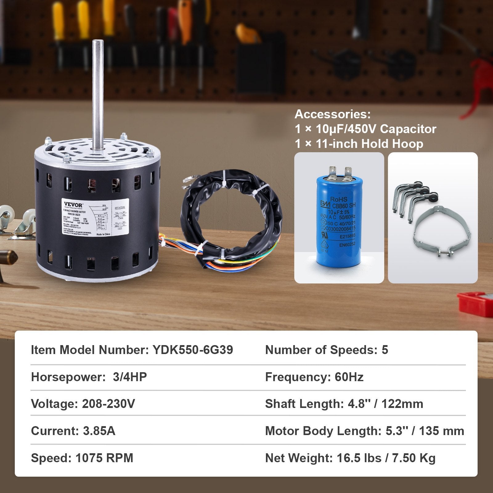 VEVOR 3/4HP Furnace Blower Motor, 208/230V 3.85Amps, 1075RPM 5 Speeds, CW/CCW Rotation, 48 Frame 4.8" Shaft Length, 10?F/450V Capacitor + 11" Hold Hoop 