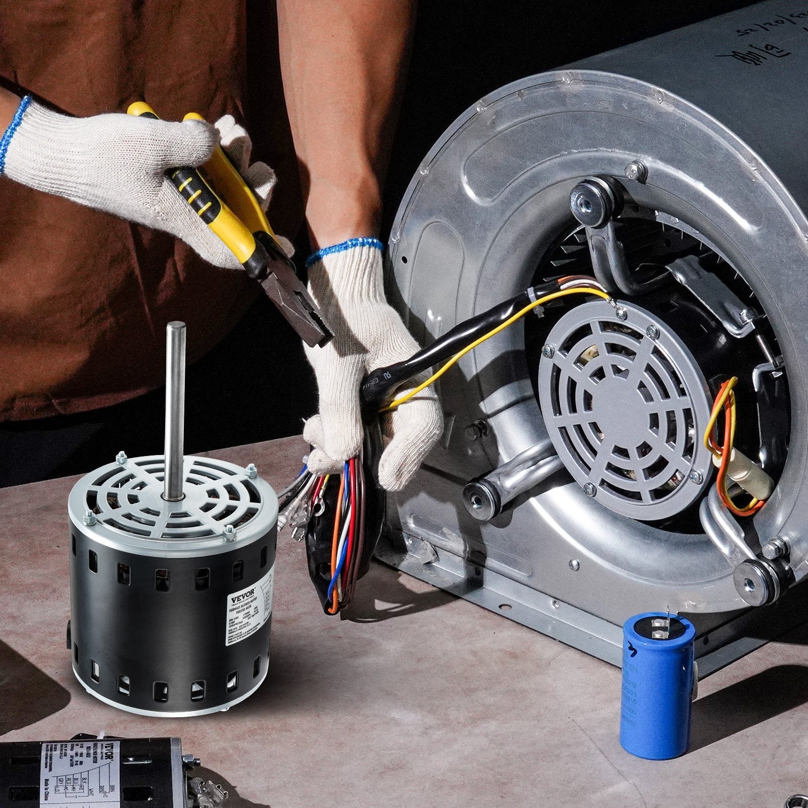 VEVOR 3/4HP Furnace Blower Motor, 208/230V 3.85Amps, 1075RPM 5 Speeds, CW/CCW Rotation, 48 Frame 4.8" Shaft Length, 10?F/450V Capacitor + 11" Hold Hoop 