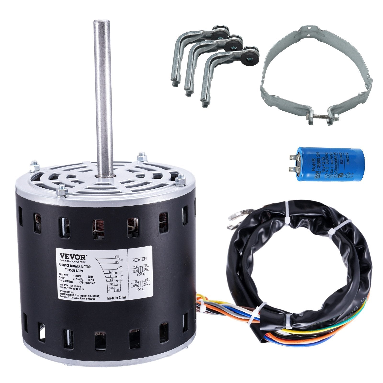 VEVOR 3/4HP Furnace Blower Motor, 208/230V 3.85Amps, 1075RPM 5 Speeds, CW/CCW Rotation, 48 Frame 4.8" Shaft Length, 10?F/450V Capacitor + 11" Hold Hoop 