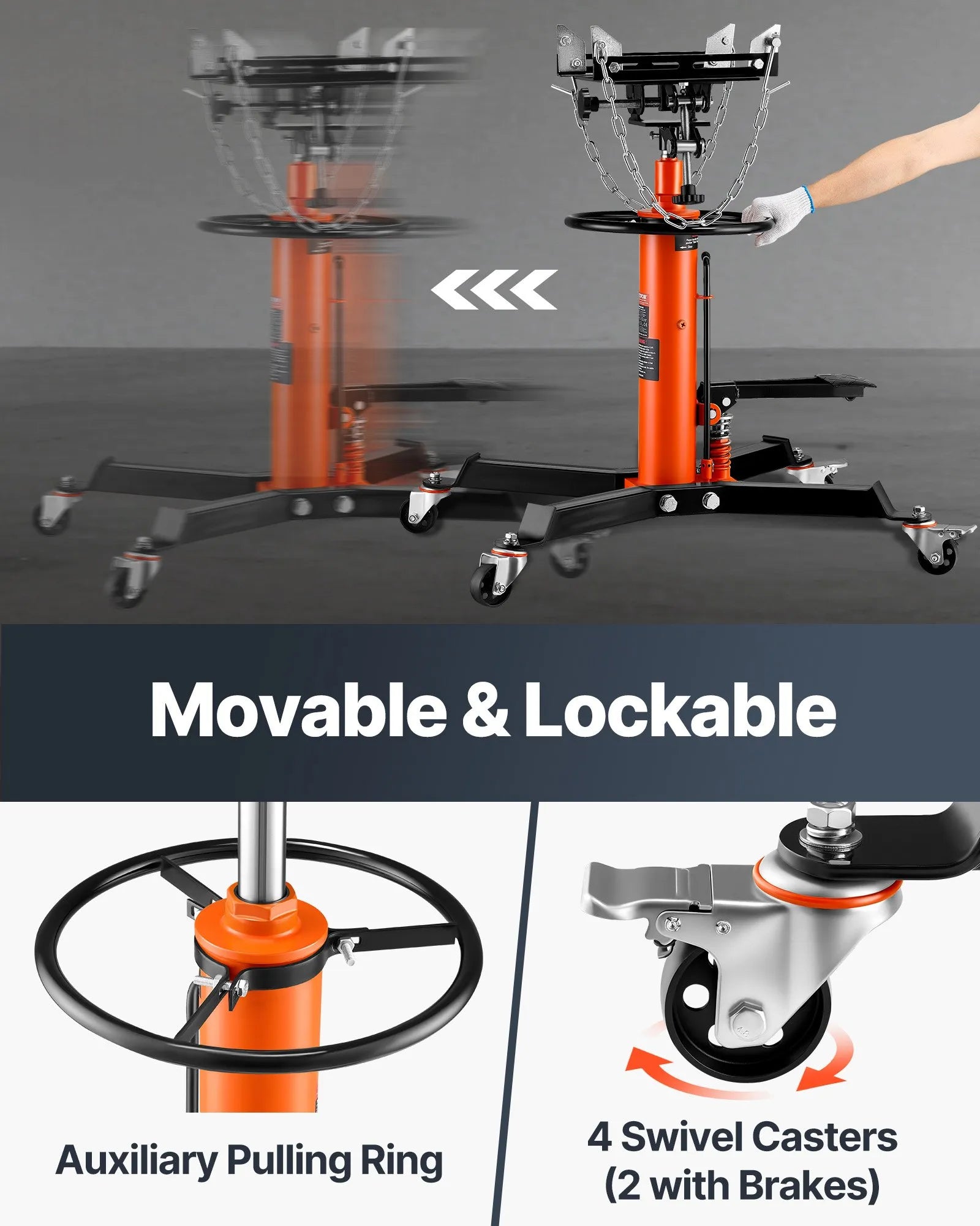 VEVOR Transmission Jack, 1322 LBS Hydraulic Telescoping Transmission Jack, 34.3"-68.5" High Lift Floor Jack Stand with Foot Pedal, 360° Swivel Wheel, Hydraulic Transmission Jack Garage/Shop Lift Hoist