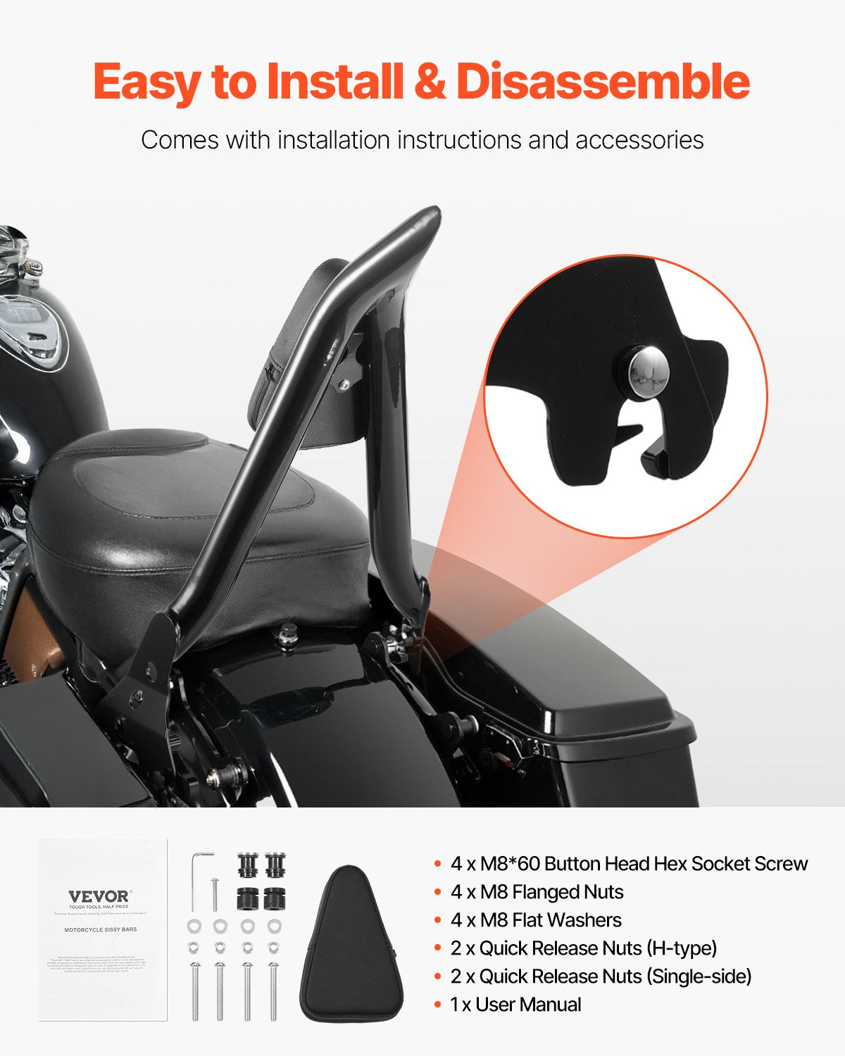 VEVOR Motorcycle Backrest Sissy Bar for Harley-Davidson Dyna 2006-2017 27 in 