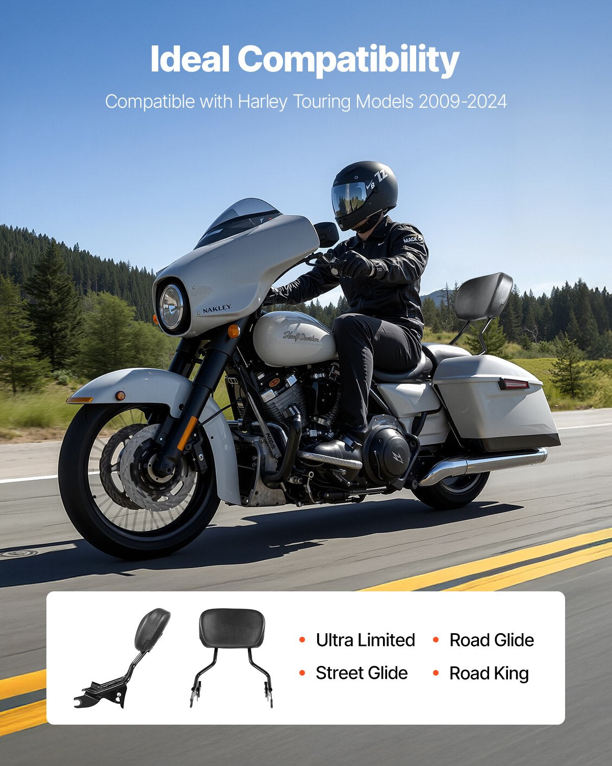 VEVOR Motorcycle Backrest Sissy Bar for Harley-Davidson Touring Models 2009-2024 