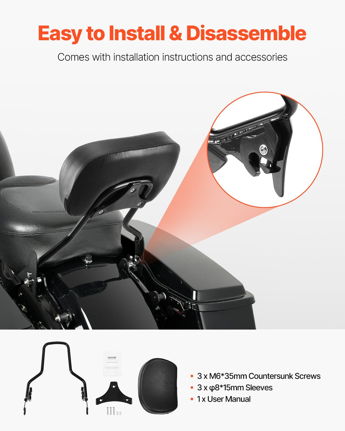 VEVOR Motorcycle Backrest Sissy Bar for Harley-Davidson Touring Models 2009-2024 