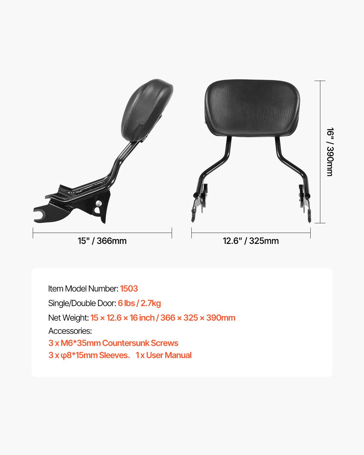 VEVOR Motorcycle Backrest Sissy Bar for Harley-Davidson Touring Models 2009-2024 