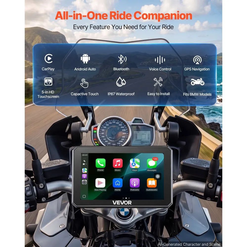 5-Inch Wireless Motorcycle CarPlay & Android Auto GPS Navigation System with Dual Bluetooth