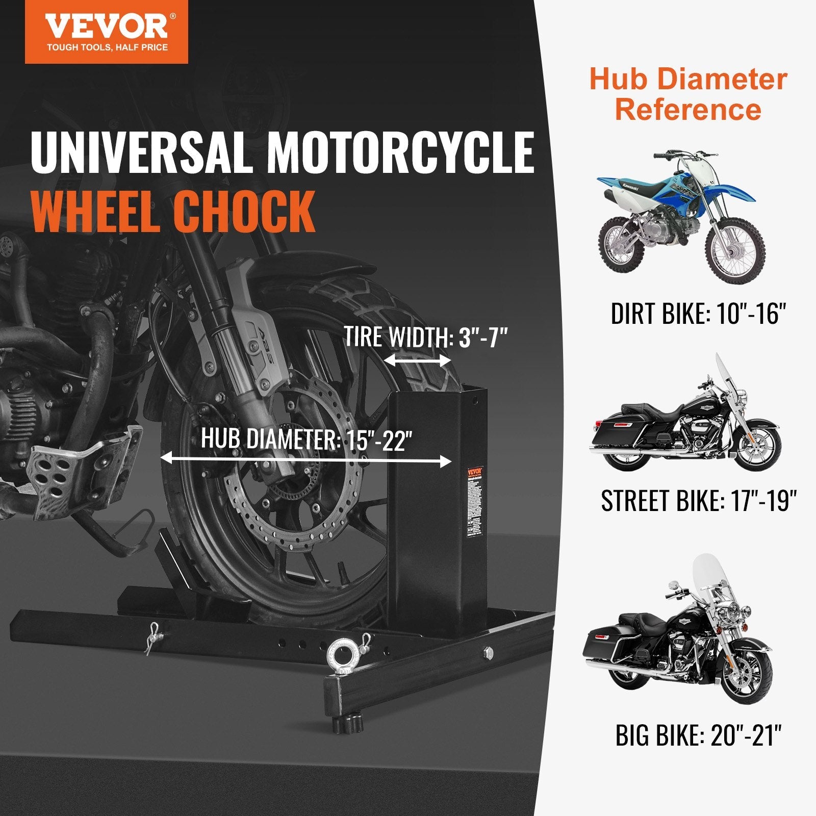 VEVOR Motorcycle Wheel Chock Upright, 1800 lbs Capacity, Heavy-duty Steel Motorcycle Front Wheel Stand with 6 Adjustable Holes, For 15"-22" Off-Road Motorcycles, Standard Motorcycles 