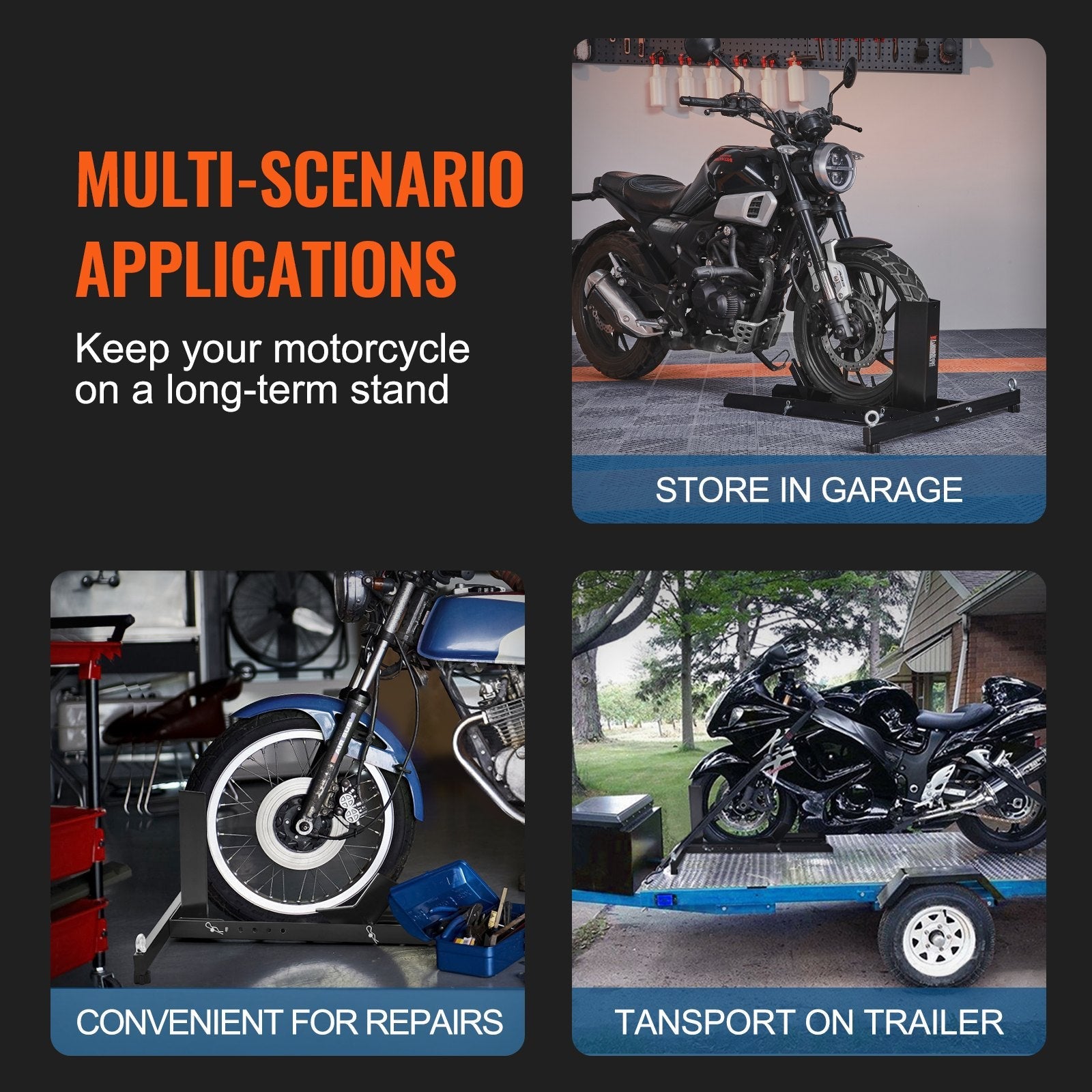 VEVOR Motorcycle Wheel Chock Upright, 1800 lbs Capacity, Heavy-duty Steel Motorcycle Front Wheel Stand with 6 Adjustable Holes, For 15"-22" Off-Road Motorcycles, Standard Motorcycles 