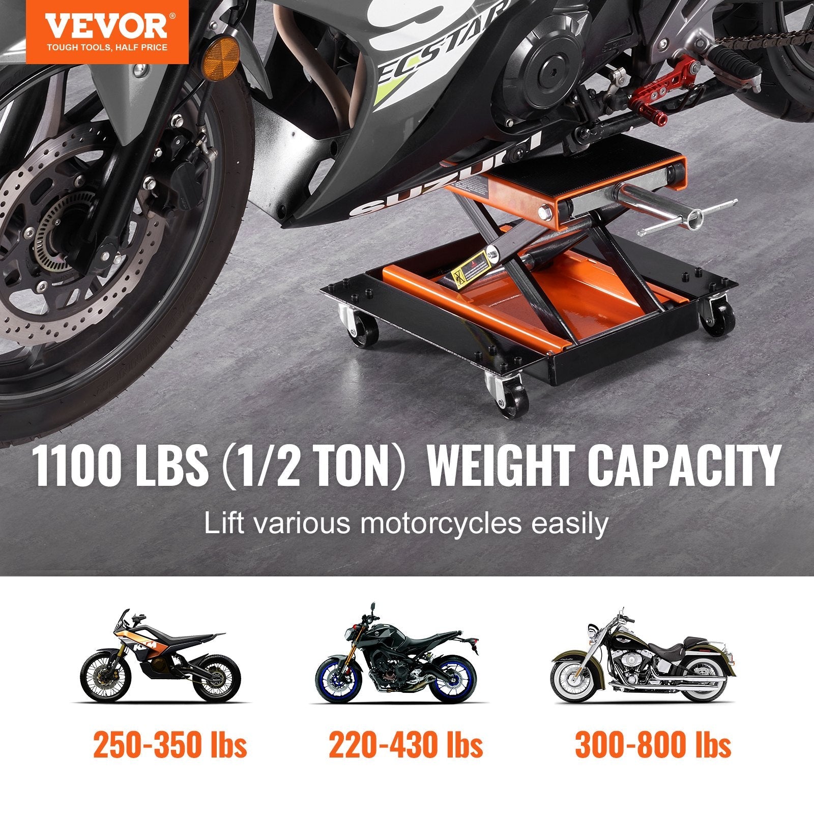 VEVOR Motorcycle Lift, 1100 LBS Motorcycle Lift ATV Scissor Lift Jack with Dolly & Hand Crank, Center Hoist Crank Stand with Wide Deck & Tool Tray for Street Bikes, Cruiser Bikes, Touring Motorcycles 
