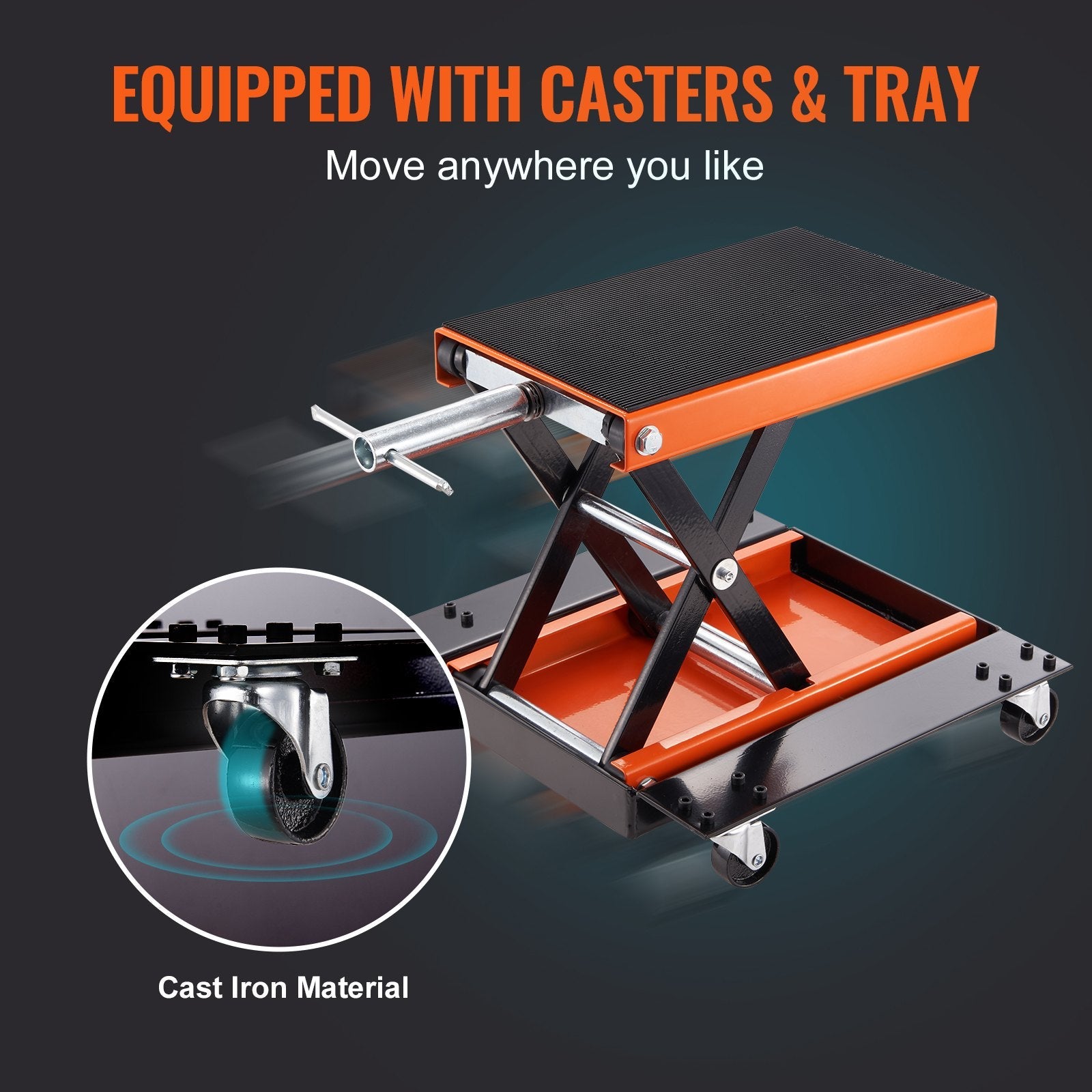 VEVOR Motorcycle Lift, 1100 LBS Motorcycle Lift ATV Scissor Lift Jack with Dolly & Hand Crank, Center Hoist Crank Stand with Wide Deck & Tool Tray for Street Bikes, Cruiser Bikes, Touring Motorcycles 