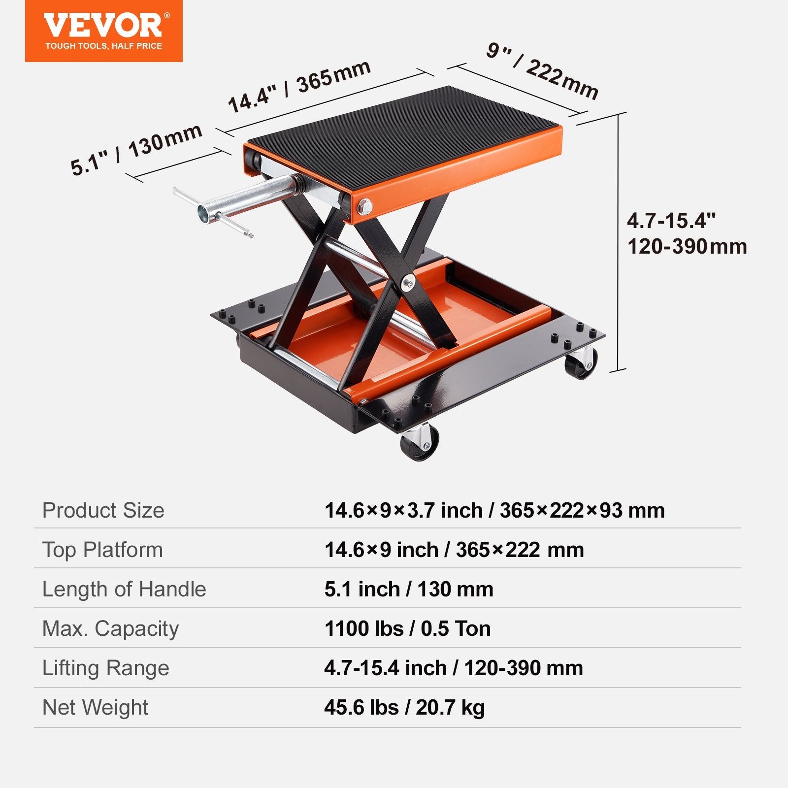 VEVOR Motorcycle Lift, 1100 LBS Motorcycle Lift ATV Scissor Lift Jack with Dolly & Hand Crank, Center Hoist Crank Stand with Wide Deck & Tool Tray for Street Bikes, Cruiser Bikes, Touring Motorcycles 