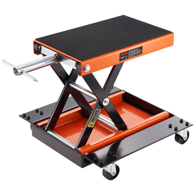 VEVOR Motorcycle Lift, 1100 LBS Motorcycle Lift ATV Scissor Lift Jack with Dolly & Hand Crank, Center Hoist Crank Stand with Wide Deck & Tool Tray for Street Bikes, Cruiser Bikes, Touring Motorcycles 