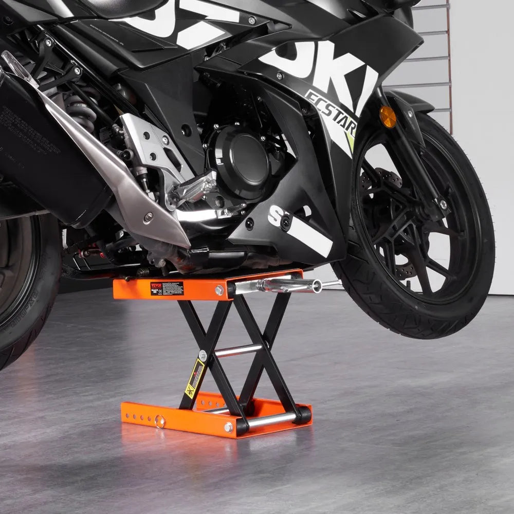 VEVOR Motorcycle Lift, 1100 LBS Motorcycle Scissor Lift Jack with Wide Deck & Safety Pin, 3.7"-13.8" Center Hoist Crank Stand, Steel Scissor Jack for Street Bikes, Cruiser Bikes, Touring Motorcycles