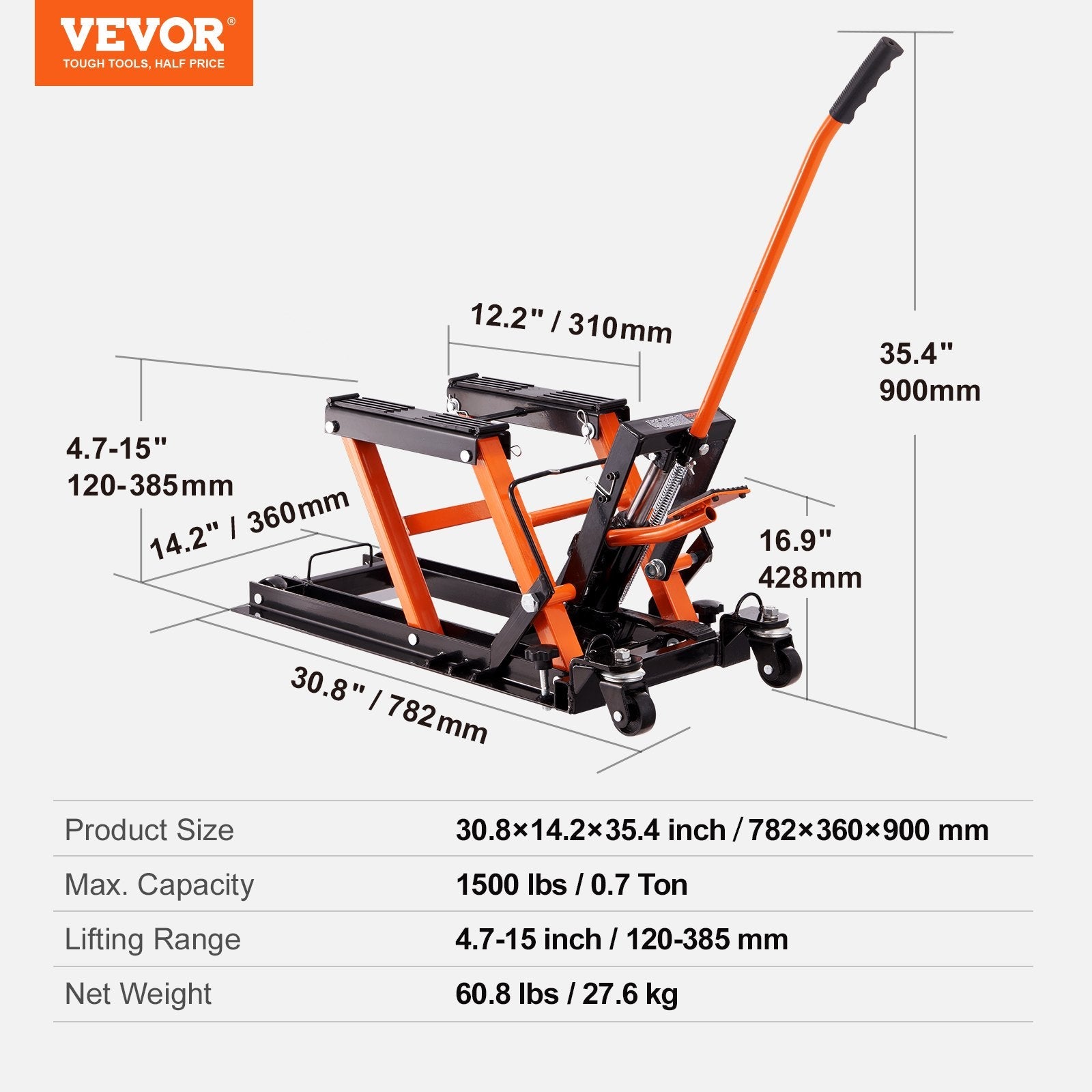 VEVOR Hydraulic Motorcycle Lift Jack, 1500 LBS Capacity ATV Scissor Lift Jack, Portable Motorcycle Lift Table with 4 Wheels, Hydraulic Foot-Operated Hoist Stand for Motorcycle ATV UTV Powersports 