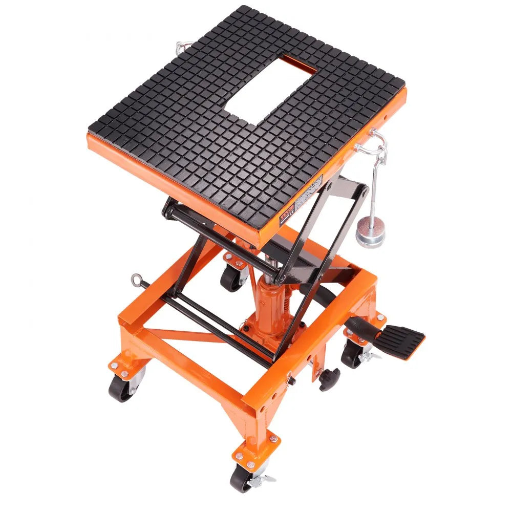 VEVOR Hydraulic Motorcycle Lift Table, 350 LBS Capacity Motorcycle Scissor Jack Lift with Wide Deck, J-hooks, 4 Wheels, Hydraulic Foot-Operated Jack Stand for ATV Dirt Bikes