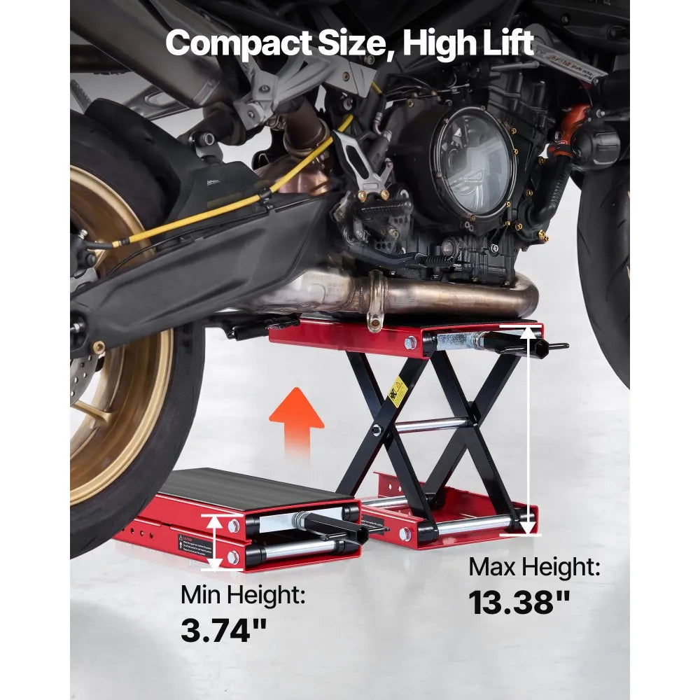 VEVOR Motorcycle Scissor Lift Jack, 1100 lbs Capacity, Wide Deck & Lock Pin, 3.74"-13.38" Hoist Stand, Red/Black