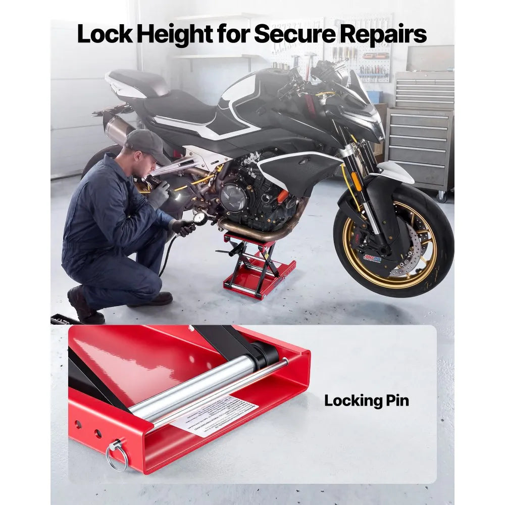 VEVOR Motorcycle Scissor Lift Jack, 1100 lbs Capacity, Wide Deck & Lock Pin, 3.74"-13.38" Hoist Stand, Red/Black