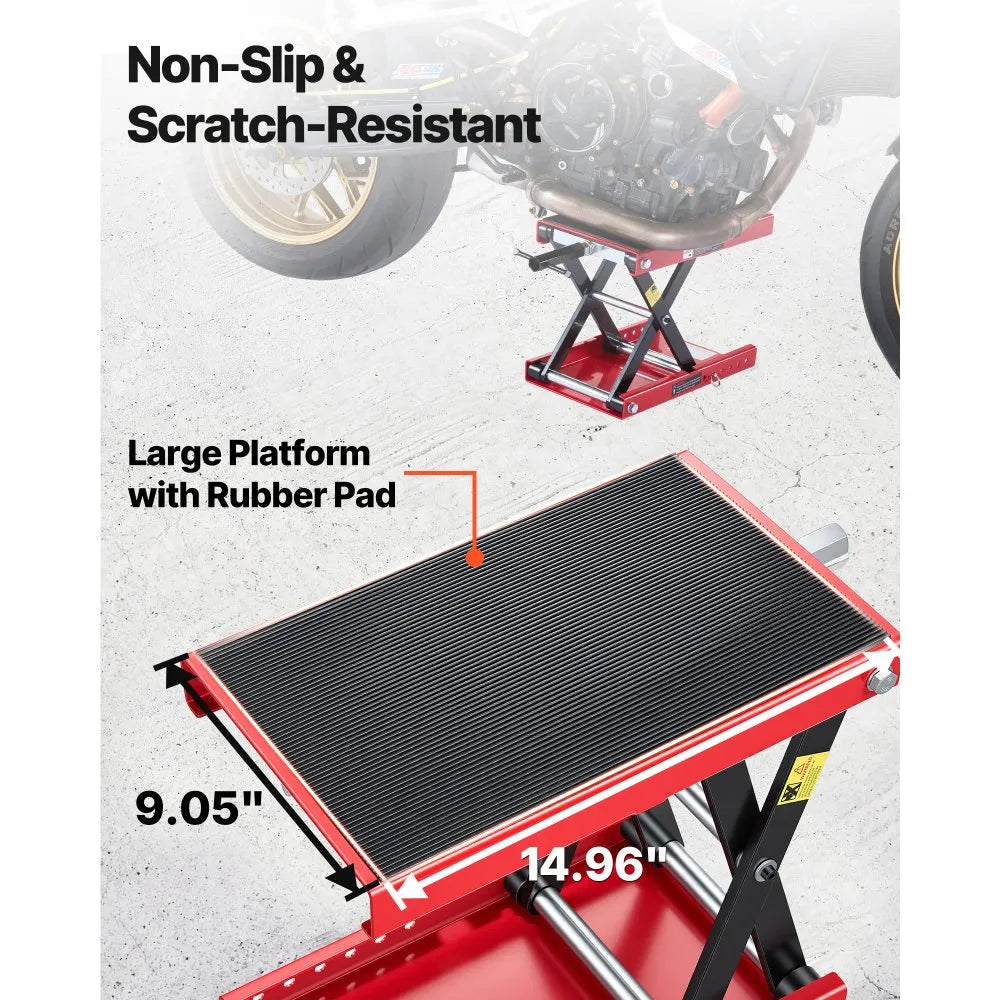 VEVOR Motorcycle Scissor Lift Jack, 1100 lbs Capacity, Wide Deck & Lock Pin, 3.74"-13.38" Hoist Stand, Red/Black