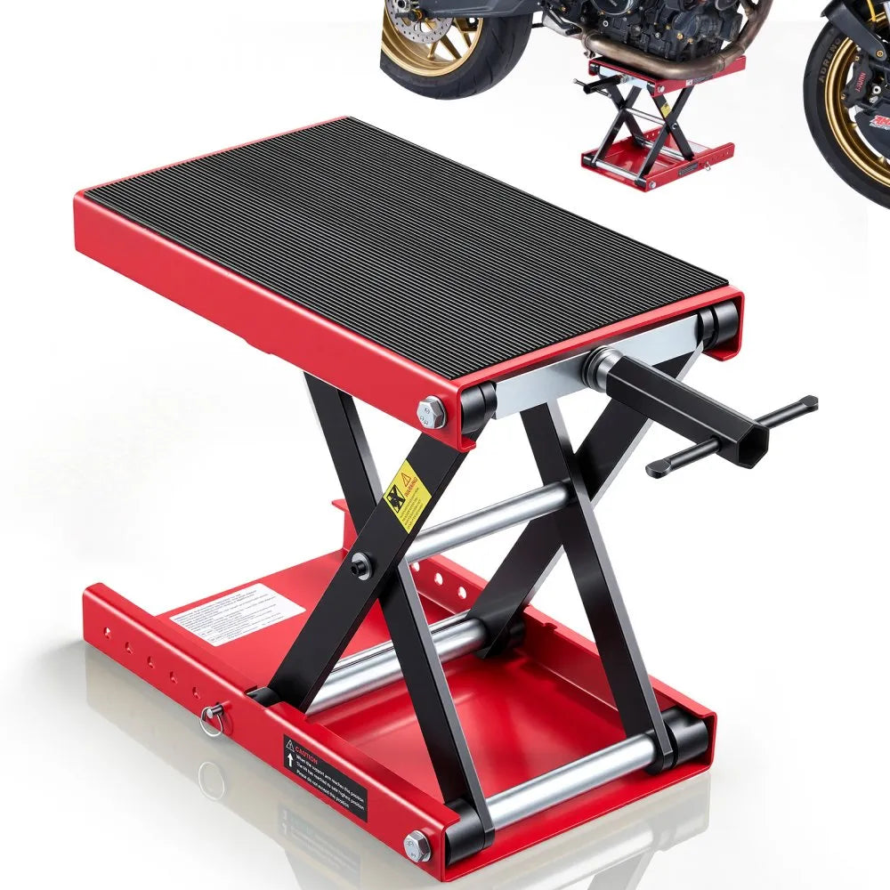VEVOR Motorcycle Scissor Lift Jack, 1100 lbs Capacity, Wide Deck & Lock Pin, 3.74"-13.38" Hoist Stand, Red/Black