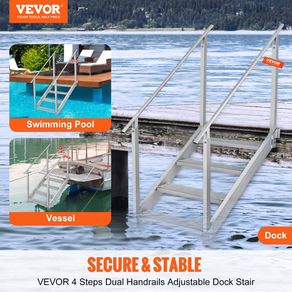 VEVOR Dock Ladder, 30''-38'' Adjustable Height, 500 lbs Load Capacity, Aluminum Alloy 4 Steps Pontoon Boat Ladder with Dual Handrails & Nonslip Rubber Mat, Ideal for Ship/Lake/Pool/Marine Boarding 