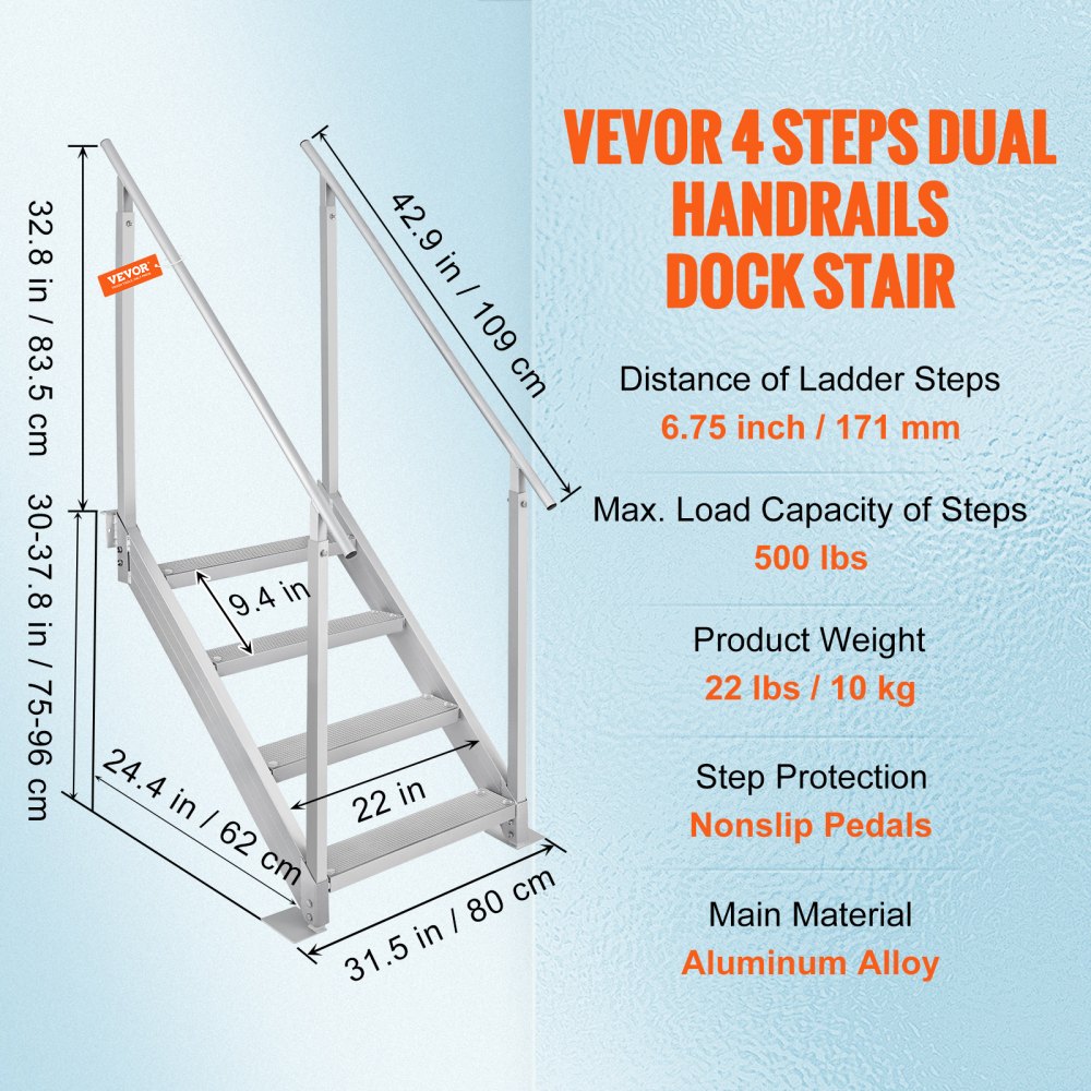 VEVOR Dock Ladder, 30''-38'' Adjustable Height, 500 lbs Load Capacity, Aluminum Alloy 4 Steps Pontoon Boat Ladder with Dual Handrails & Nonslip Rubber Mat, Ideal for Ship/Lake/Pool/Marine Boarding 