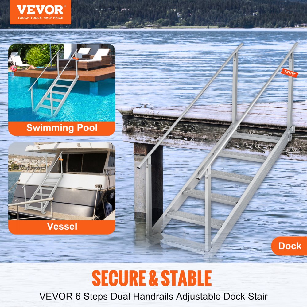 VEVOR Dock Ladder, 43''-51'' Adjustable Height, 500 lbs Load Capacity, Aluminum Alloy 6 Steps Pontoon Boat Ladder with Dual Handrails & Nonslip Rubber Mat, Ideal for Ship/Lake/Pool/Marine Boarding 