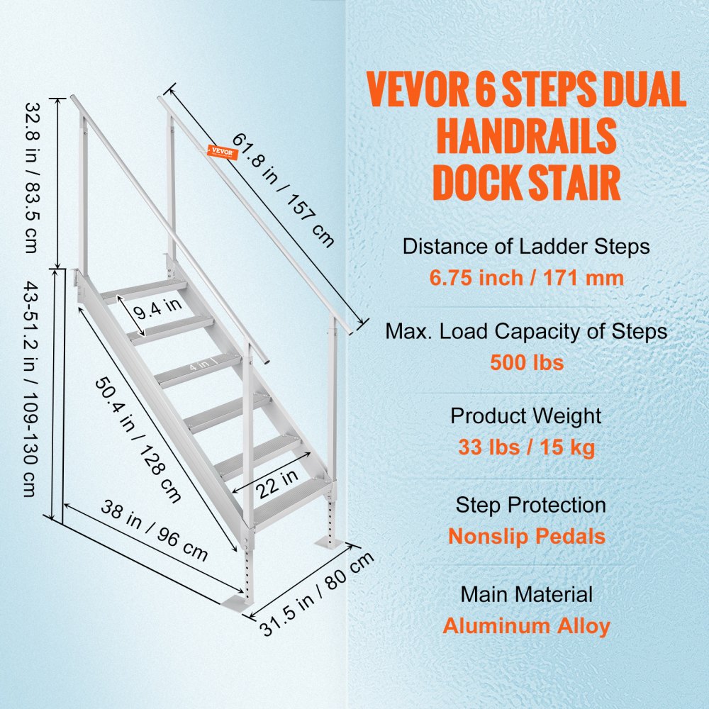 VEVOR Dock Ladder, 43''-51'' Adjustable Height, 500 lbs Load Capacity, Aluminum Alloy 6 Steps Pontoon Boat Ladder with Dual Handrails & Nonslip Rubber Mat, Ideal for Ship/Lake/Pool/Marine Boarding 