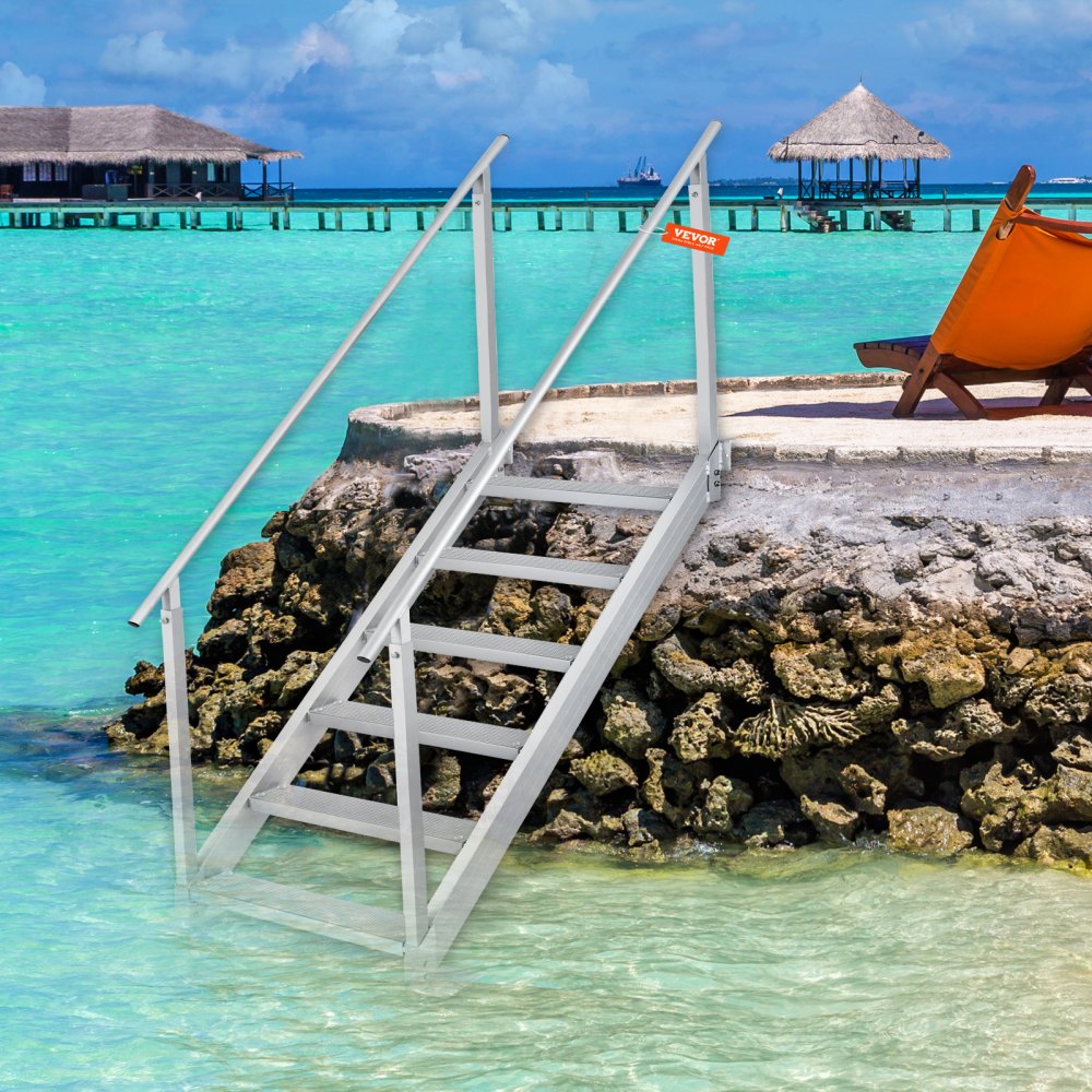 VEVOR Dock Ladder, 43''-51'' Adjustable Height, 500 lbs Load Capacity, Aluminum Alloy 6 Steps Pontoon Boat Ladder with Dual Handrails & Nonslip Rubber Mat, Ideal for Ship/Lake/Pool/Marine Boarding 