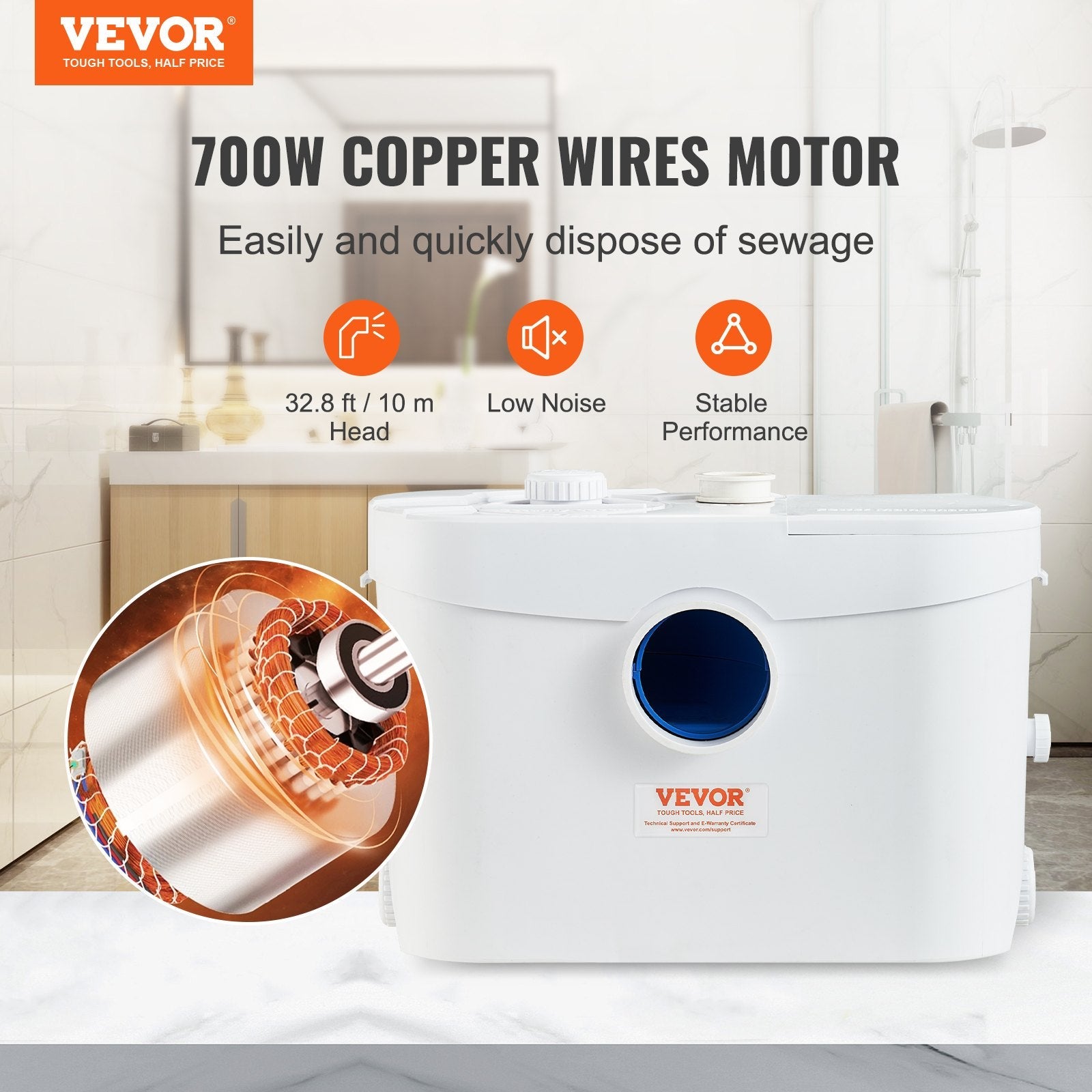 VEVOR Macerator Disposal Pump Basement Macerator Pump 700W with 3 Water Inlets 