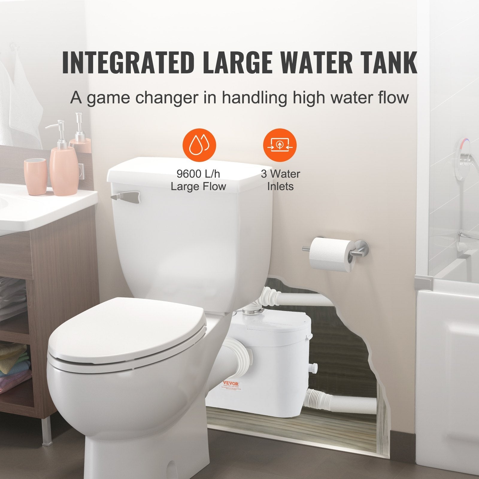 VEVOR Macerator Disposal Pump Basement Macerator Pump 700W with 3 Water Inlets 