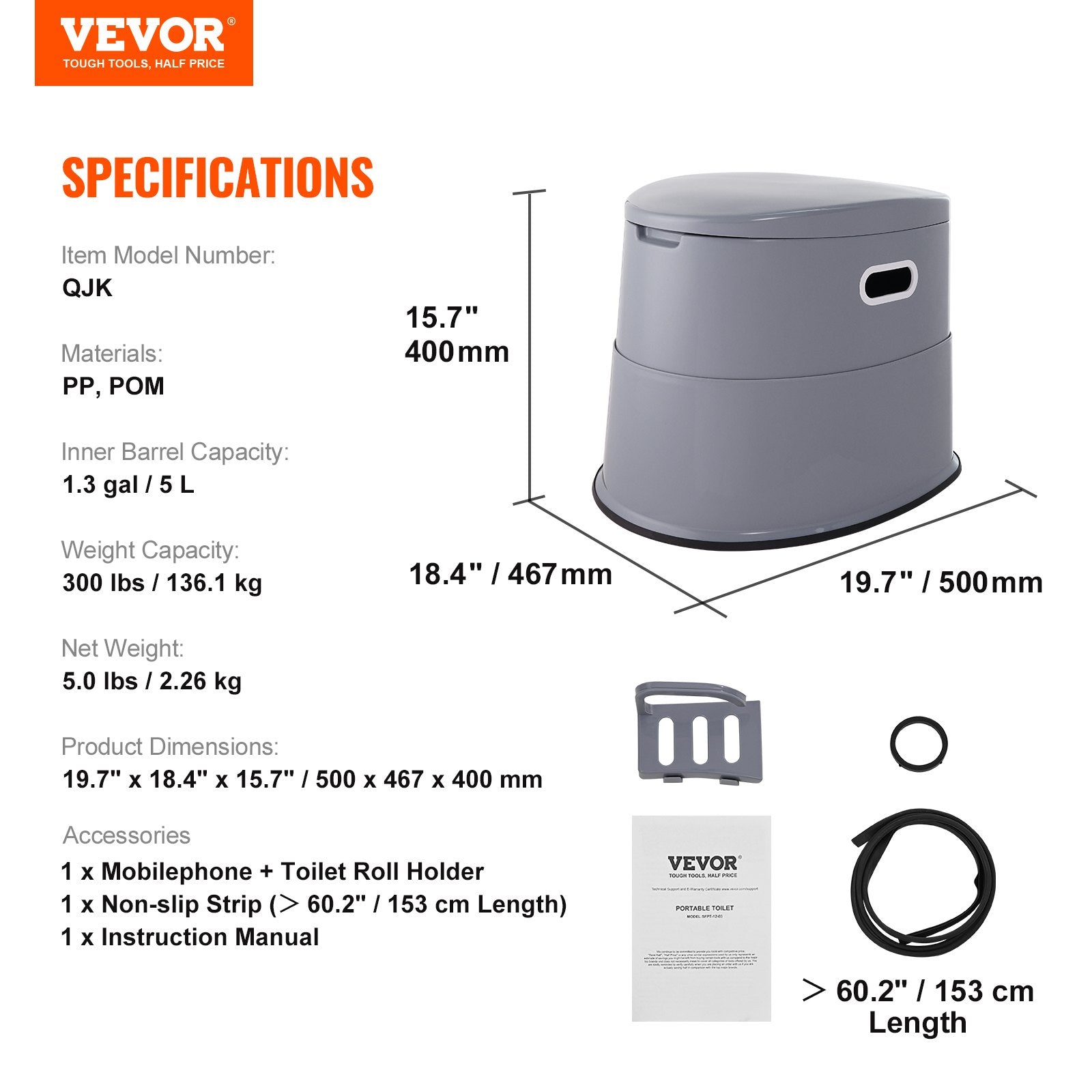 VEVOR Portable Toilet for Camping, Porta Potty with 1.3 Gal Detachable Inner Bucket & Removable Paper Holder, Commode with Dual Lids, Travel Toilet for Adults Kids Outdoor Camping Car Long Road Trips 