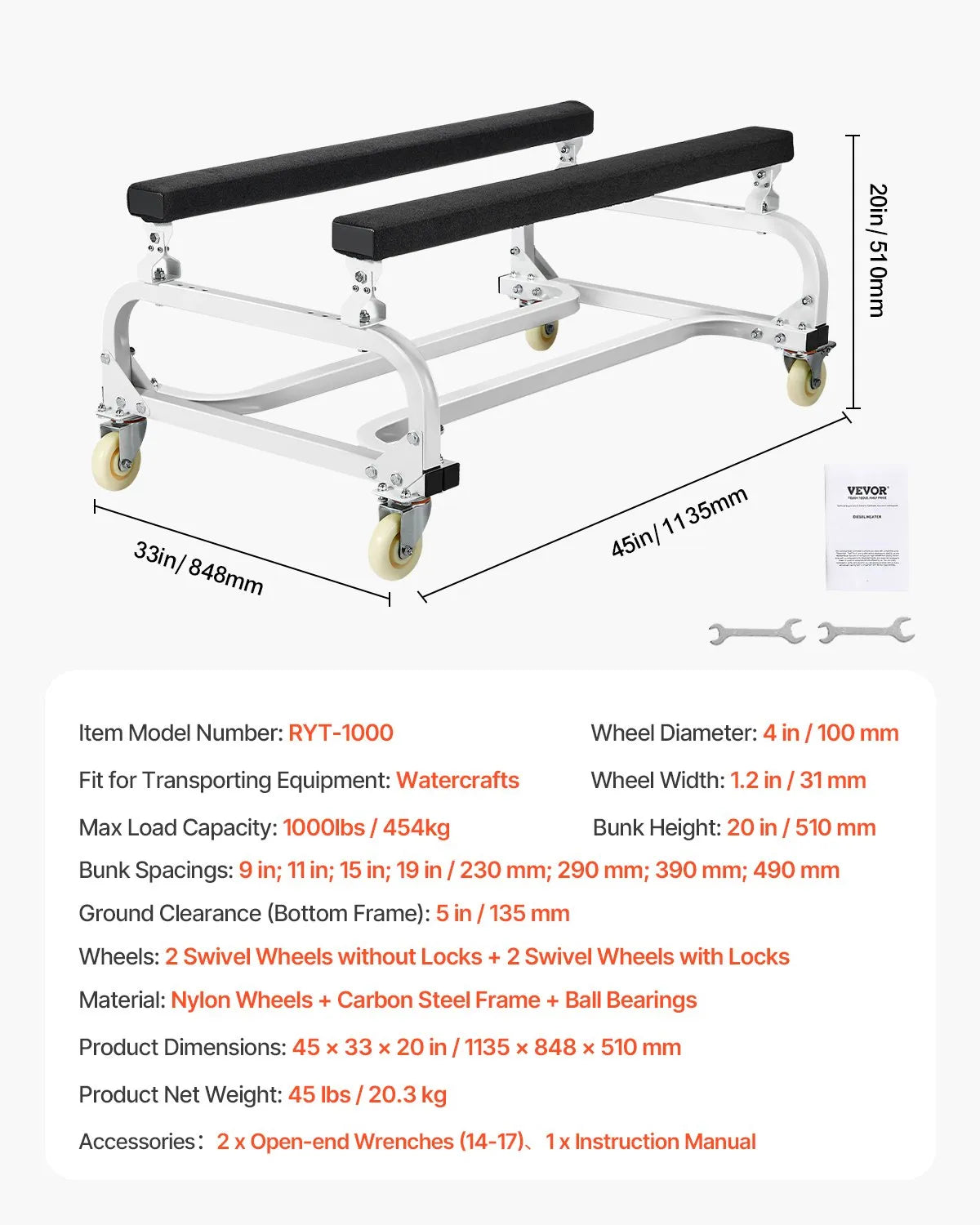 VEVOR Watercraft PWC Dolly Boat 1000 lbs Capacity Jet Ski Stand Storage Cart