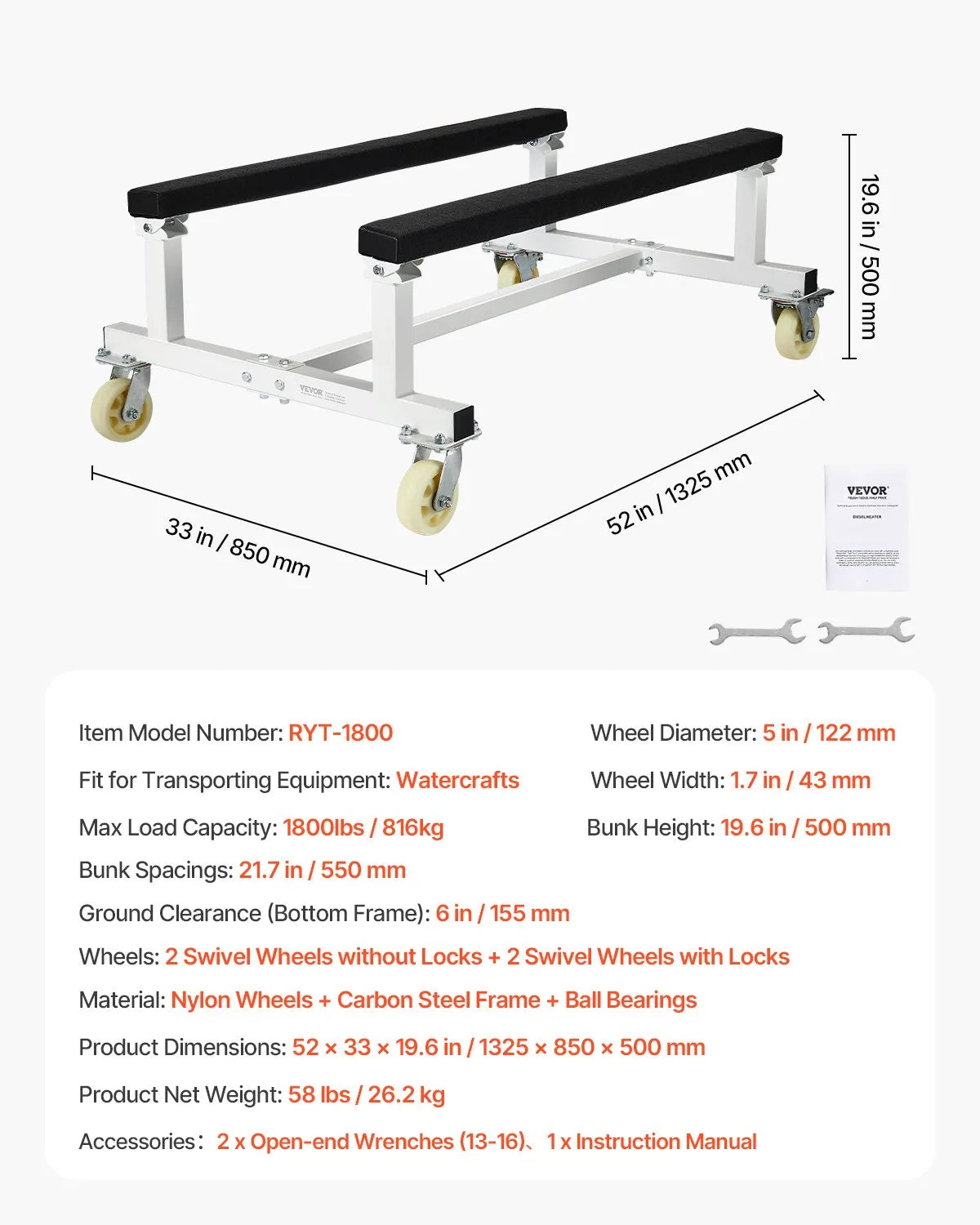VEVOR Watercraft PWC Dolly Boat 1800 lbs Capacity Jet Ski Stand Storage Cart