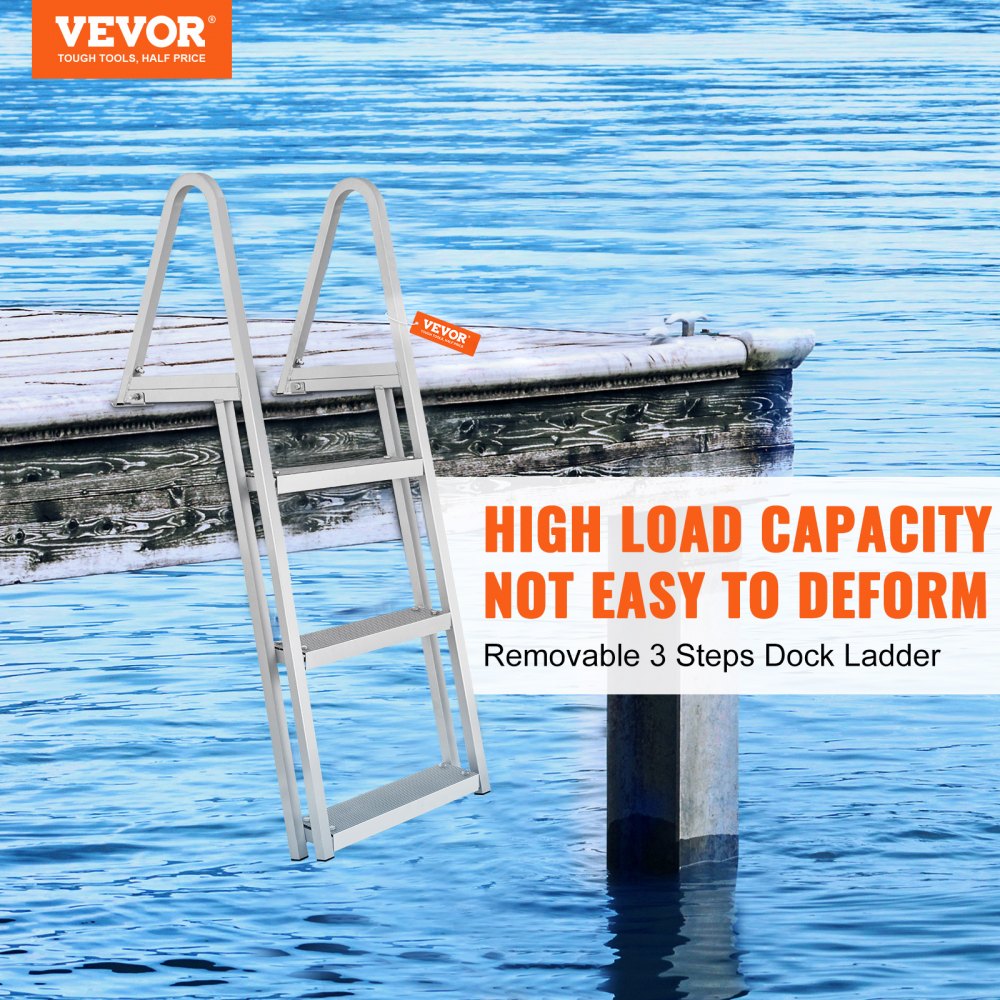 VEVOR Dock Ladder, Removable 3 Steps, 350 lbs Load Capacity, Aluminum Alloy Pontoon Boat Ladder with 4'' Wide Step & Nonslip Rubber Mat, Easy to Install for Ship/Lake/Pool/Marine Boarding 