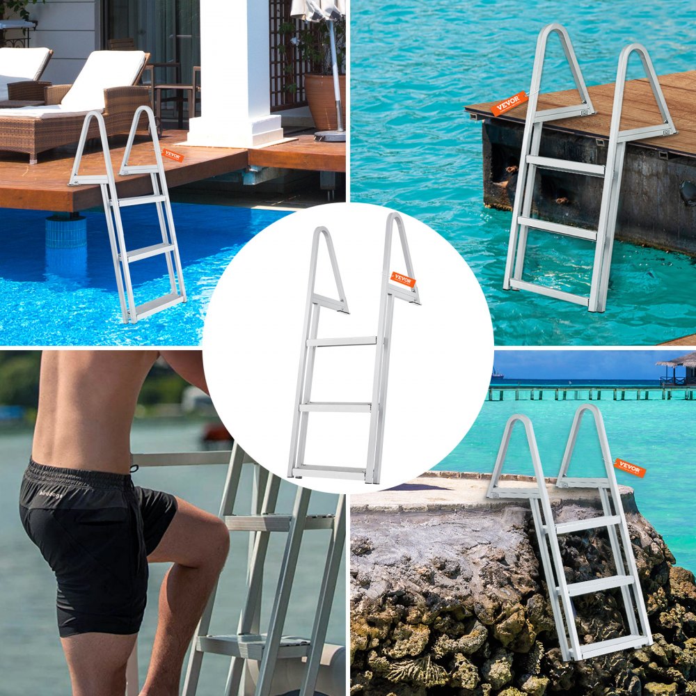 VEVOR Dock Ladder, Removable 3 Steps, 350 lbs Load Capacity, Aluminum Alloy Pontoon Boat Ladder with 4'' Wide Step & Nonslip Rubber Mat, Easy to Install for Ship/Lake/Pool/Marine Boarding 