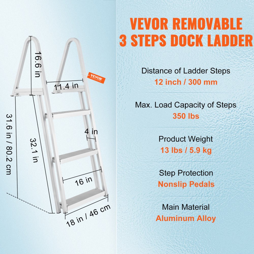 VEVOR Dock Ladder, Removable 3 Steps, 350 lbs Load Capacity, Aluminum Alloy Pontoon Boat Ladder with 4'' Wide Step & Nonslip Rubber Mat, Easy to Install for Ship/Lake/Pool/Marine Boarding 