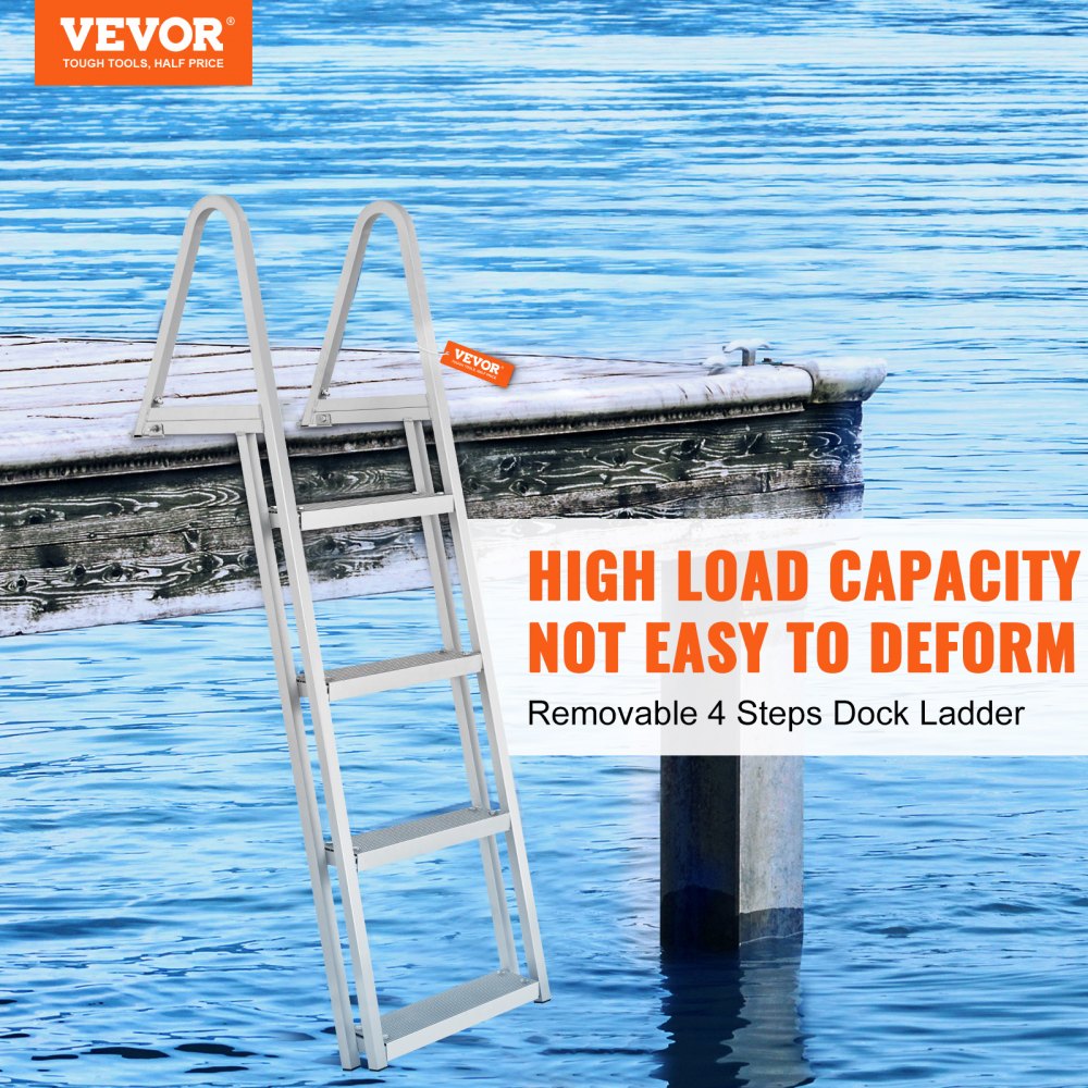 VEVOR Dock Ladder, Removable 4 Steps, 350 lbs Load Capacity, Aluminum Alloy Pontoon Boat Ladder with 4'' Wide Step & Nonslip Rubber Mat, Easy to Install for Ship/Lake/Pool/Marine Boarding 