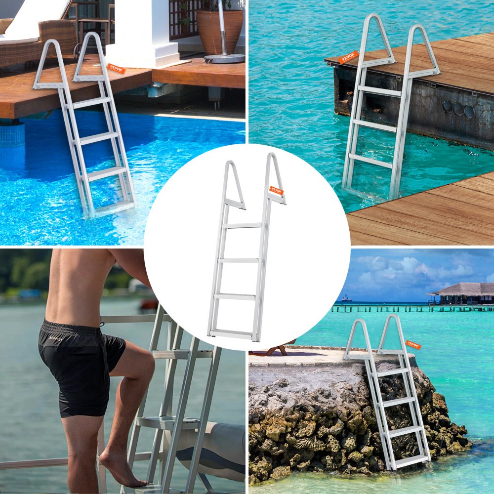 VEVOR Dock Ladder, Removable 4 Steps, 350 lbs Load Capacity, Aluminum Alloy Pontoon Boat Ladder with 4'' Wide Step & Nonslip Rubber Mat, Easy to Install for Ship/Lake/Pool/Marine Boarding 