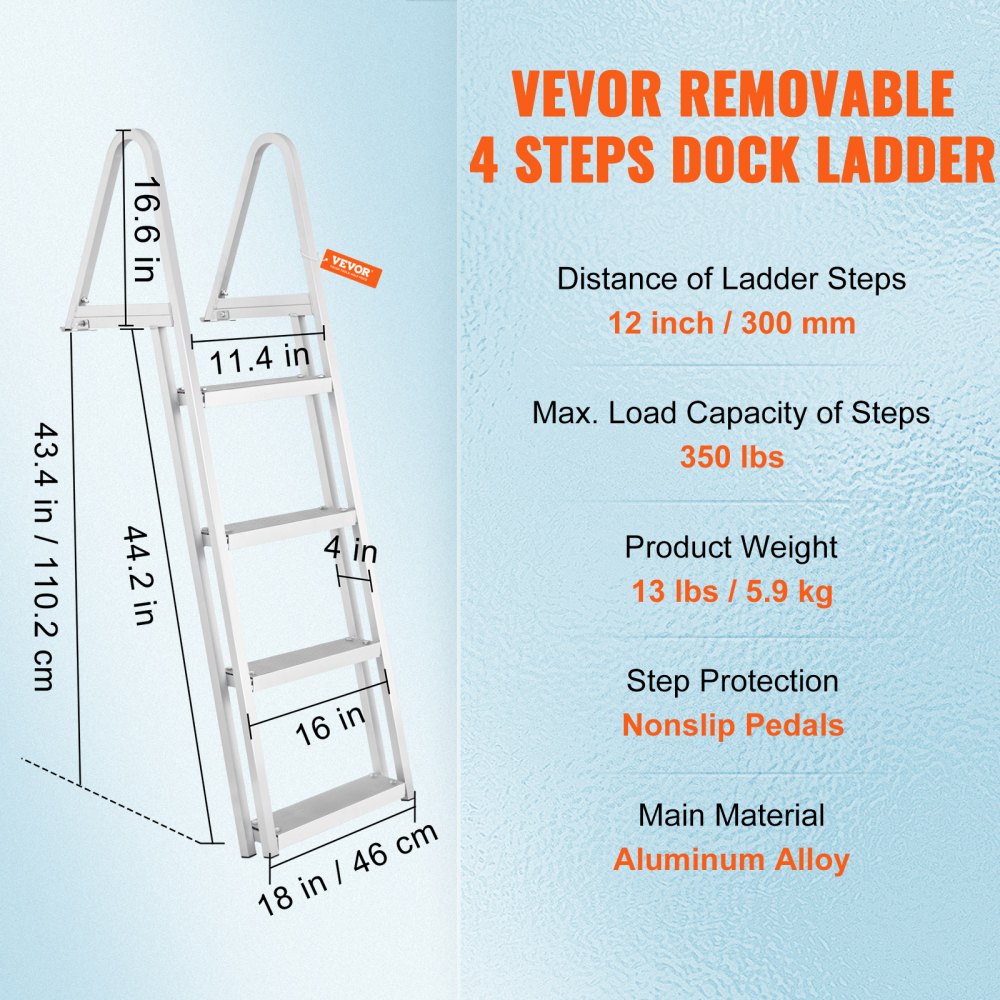 VEVOR Dock Ladder, Removable 4 Steps, 350 lbs Load Capacity, Aluminum Alloy Pontoon Boat Ladder with 4'' Wide Step & Nonslip Rubber Mat, Easy to Install for Ship/Lake/Pool/Marine Boarding 