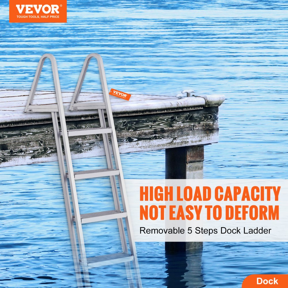 VEVOR Dock Ladder, Removable 5 Steps, 350 lbs Load Capacity, Aluminum Alloy Pontoon Boat Ladder with 4'' Wide Step & Nonslip Rubber Mat, Easy to Install for Ship/Lake/Pool/Marine Boarding 