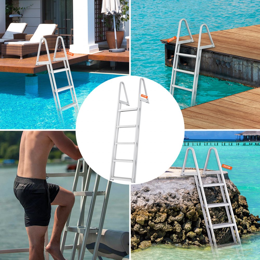VEVOR Dock Ladder, Removable 5 Steps, 350 lbs Load Capacity, Aluminum Alloy Pontoon Boat Ladder with 4'' Wide Step & Nonslip Rubber Mat, Easy to Install for Ship/Lake/Pool/Marine Boarding 