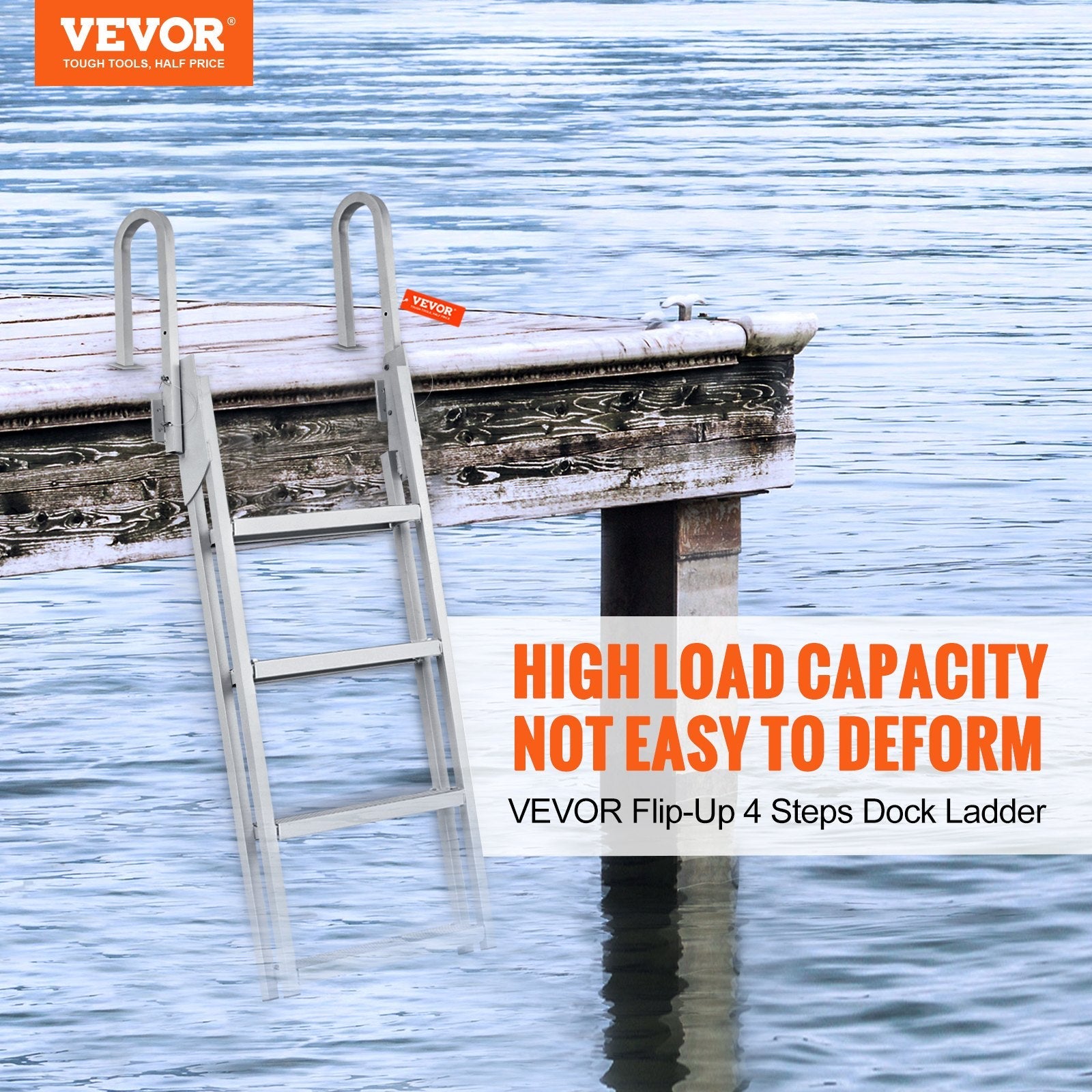 VEVOR Dock Ladder, Flip-Up 4 Steps, 350 lbs Load Capacity, Aluminum Alloy Pontoon Boat Ladder with 4'' Wide Step & Nonslip Rubber Mat, Easy to Install for Ship/Lake/Pool/Marine Boarding 