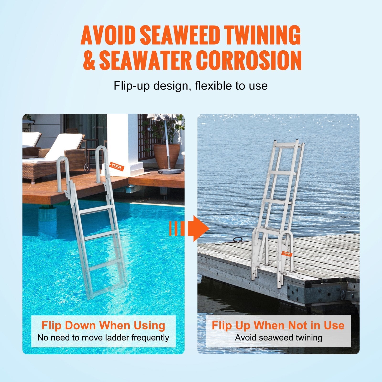 VEVOR Dock Ladder, Flip-Up 4 Steps, 350 lbs Load Capacity, Aluminum Alloy Pontoon Boat Ladder with 4'' Wide Step & Nonslip Rubber Mat, Easy to Install for Ship/Lake/Pool/Marine Boarding 