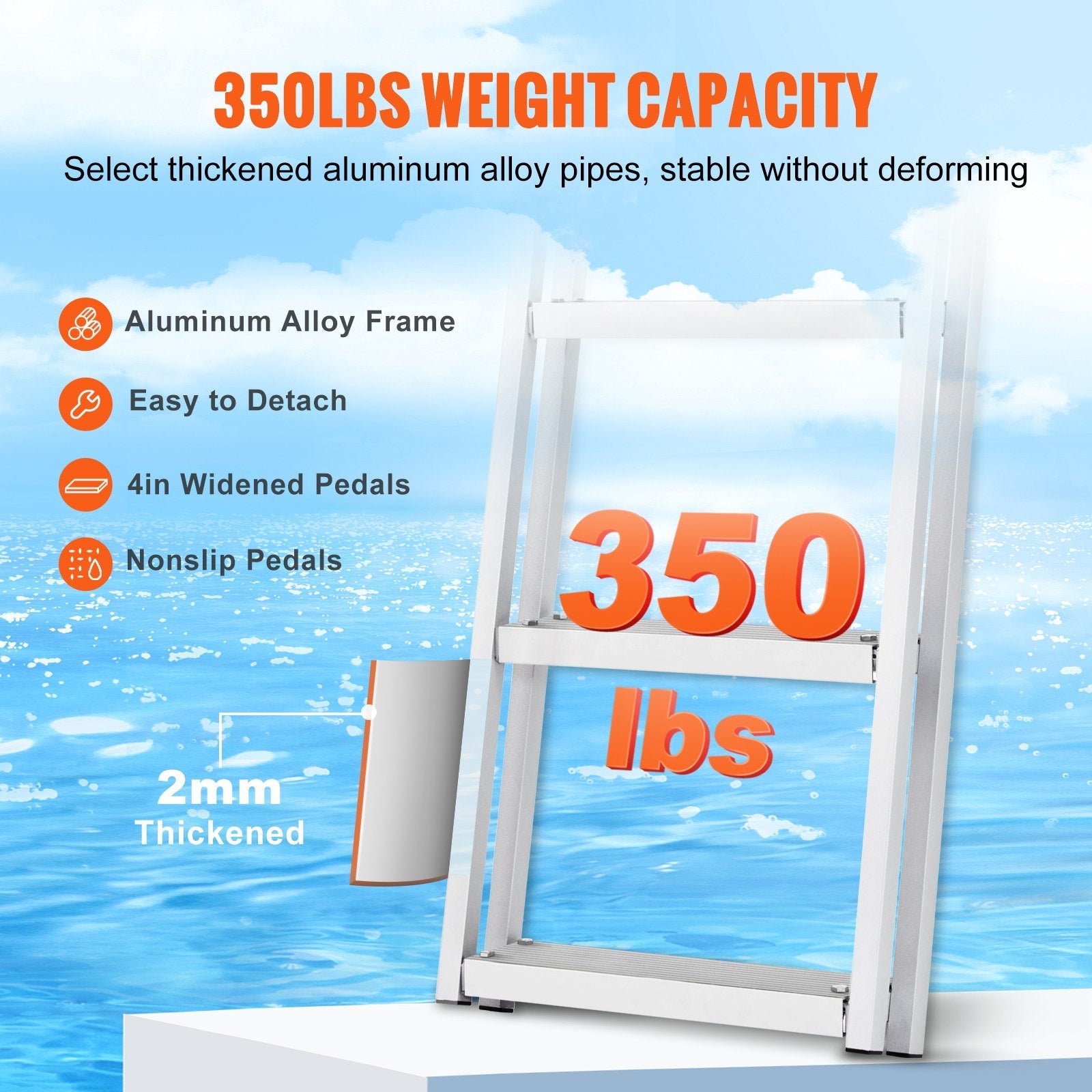 VEVOR Dock Ladder, Flip-Up 4 Steps, 350 lbs Load Capacity, Aluminum Alloy Pontoon Boat Ladder with 4'' Wide Step & Nonslip Rubber Mat, Easy to Install for Ship/Lake/Pool/Marine Boarding 