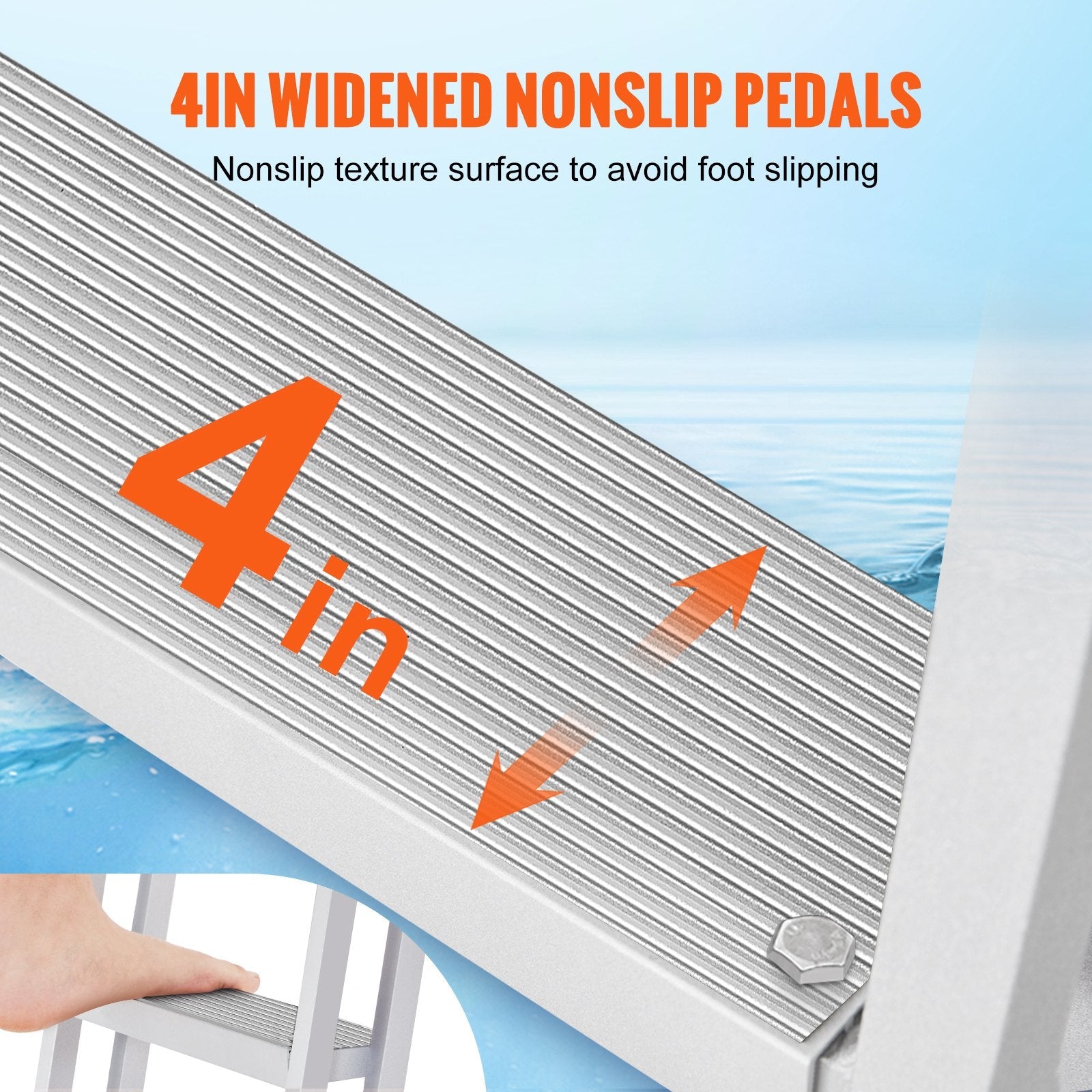 VEVOR Dock Ladder, Flip-Up 4 Steps, 350 lbs Load Capacity, Aluminum Alloy Pontoon Boat Ladder with 4'' Wide Step & Nonslip Rubber Mat, Easy to Install for Ship/Lake/Pool/Marine Boarding 