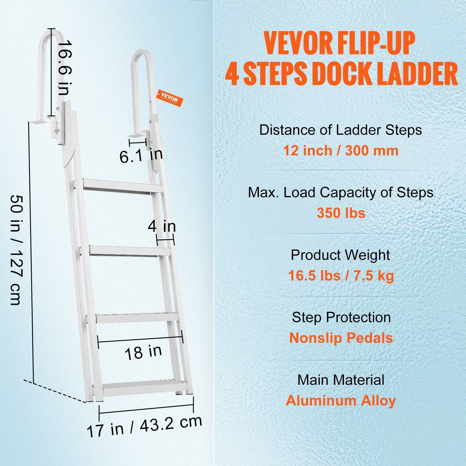 VEVOR Dock Ladder, Flip-Up 4 Steps, 350 lbs Load Capacity, Aluminum Alloy Pontoon Boat Ladder with 4'' Wide Step & Nonslip Rubber Mat, Easy to Install for Ship/Lake/Pool/Marine Boarding 