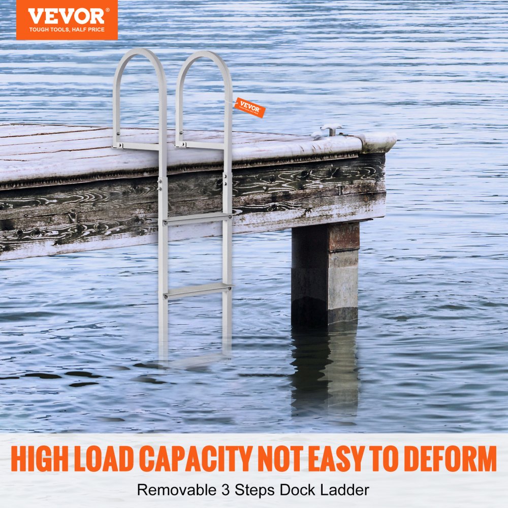 VEVOR Dock Ladder, Removable 3 Steps, 500 lbs Load Capacity, Aluminum Alloy Pontoon Boat Ladder with 3.1'' Wide Step & Nonslip Rubber Mat, Easy to Install for Ship/Lake/Pool/Marine Boarding 